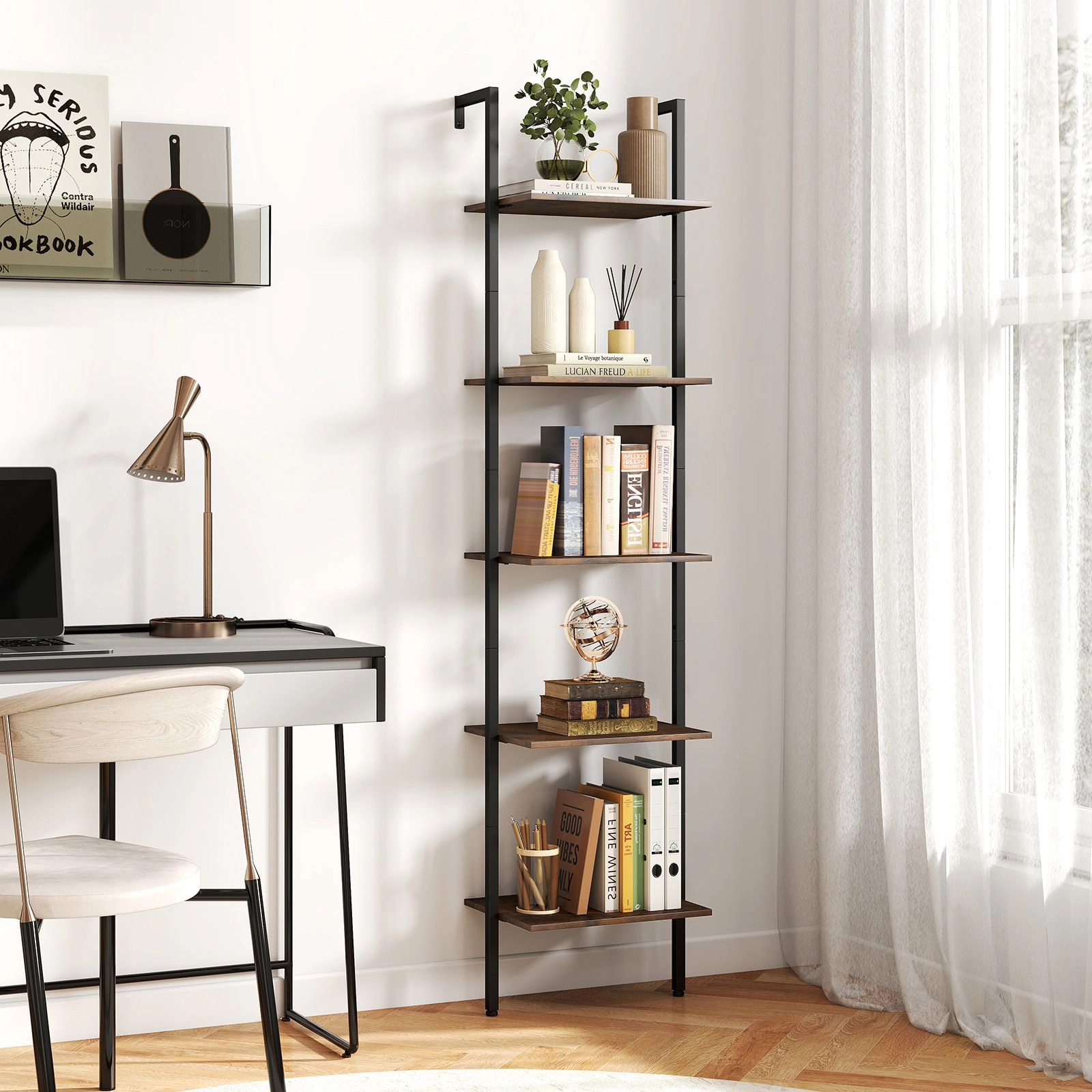 SlickBlue Wall Mounted Ladder Bookshelf with 5 Tier Storage and Metal Frame