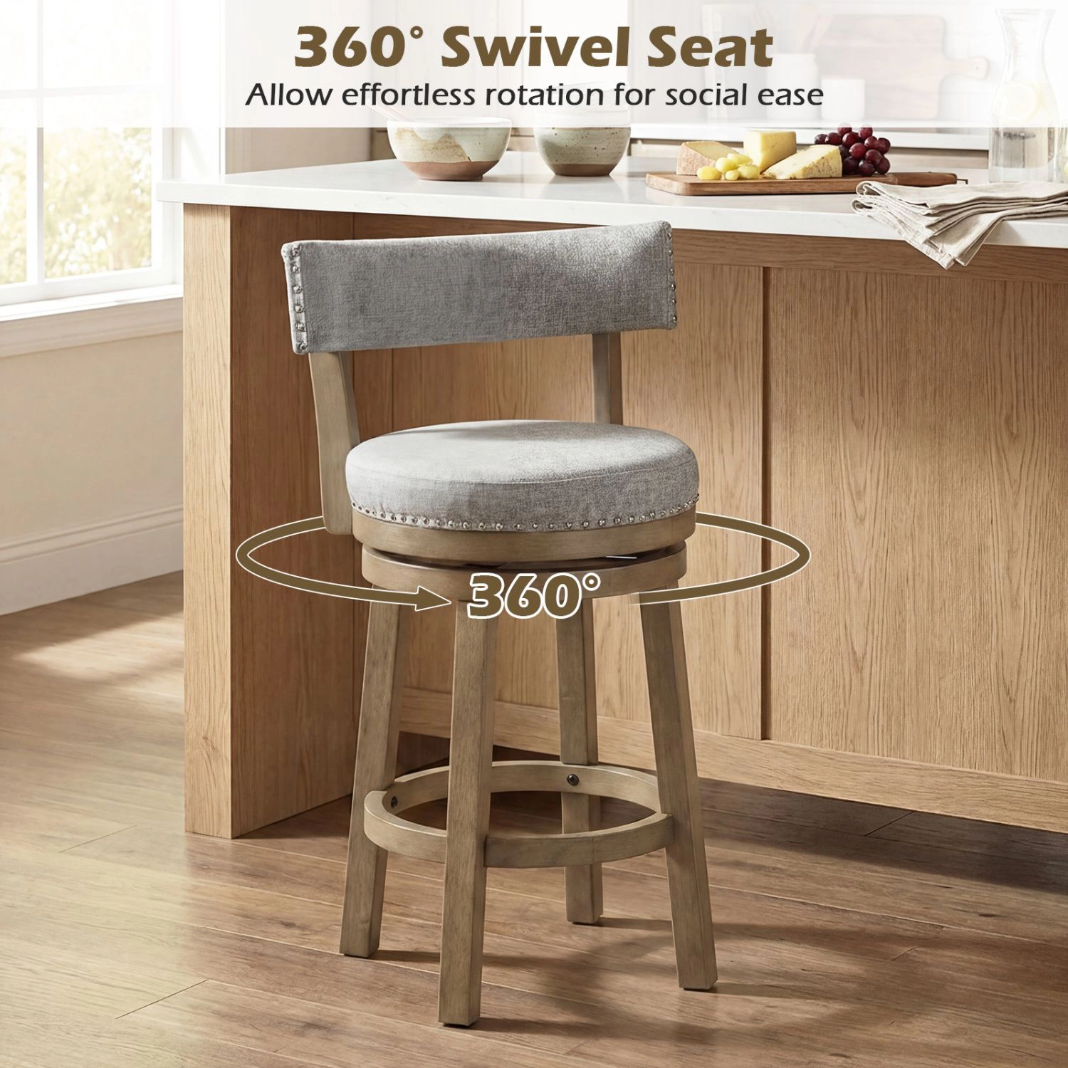 SlickBlue 27 in Swivel Counter Stools with Backrest, Gray Upholstered