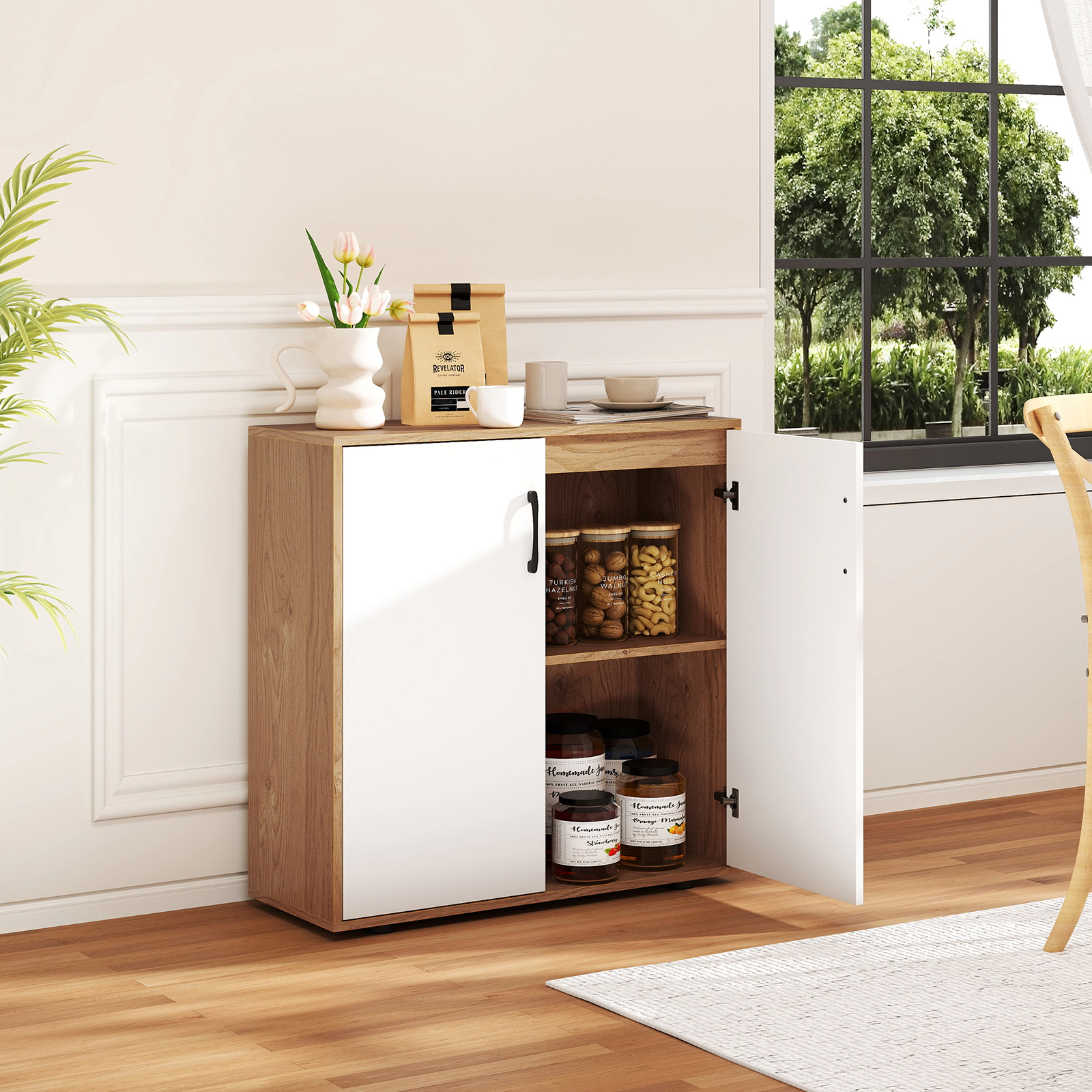 Glintex 32.5-Inch Coffee Bar Cabinet with 5-Level Shelf and Soft-Close Doors, White & Natural