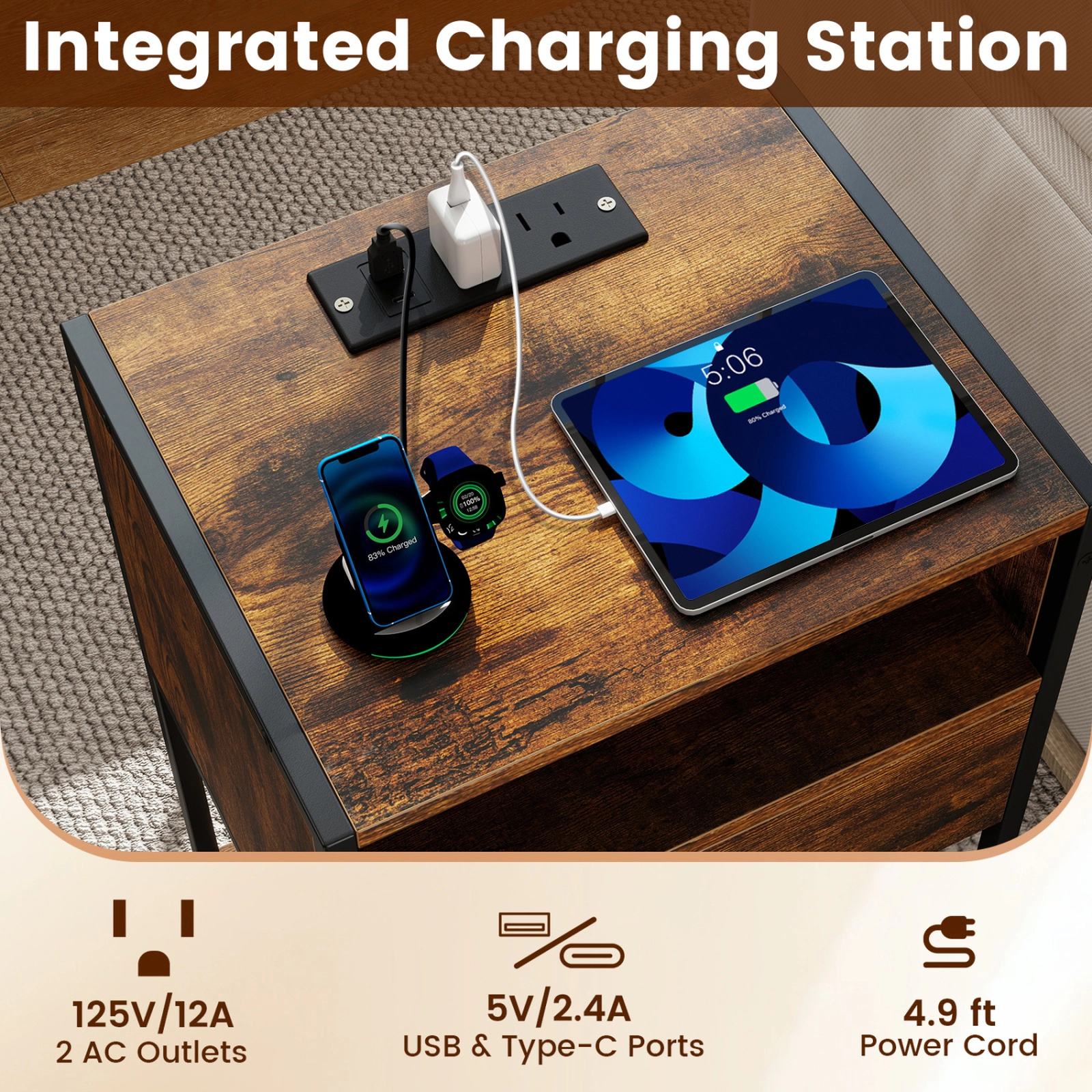 SUGIFT 25.5-In Rustic Brown Nightstand with Charging Station