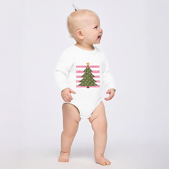 The Juniper Shop - Infant Fleece BodySuit - Christmas Tree Pink Stripes