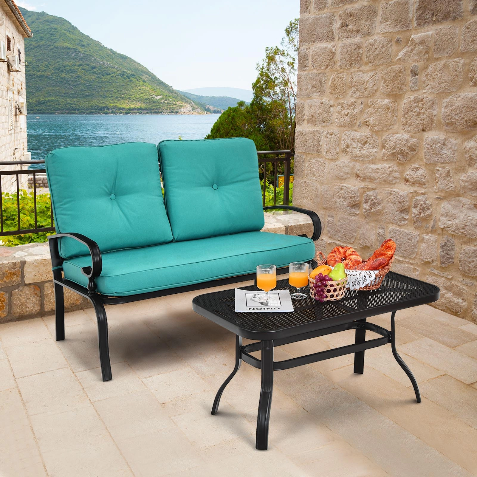 SUGIFT 2-Piece Black Steel Patio Loveseat and Coffee Table Set
