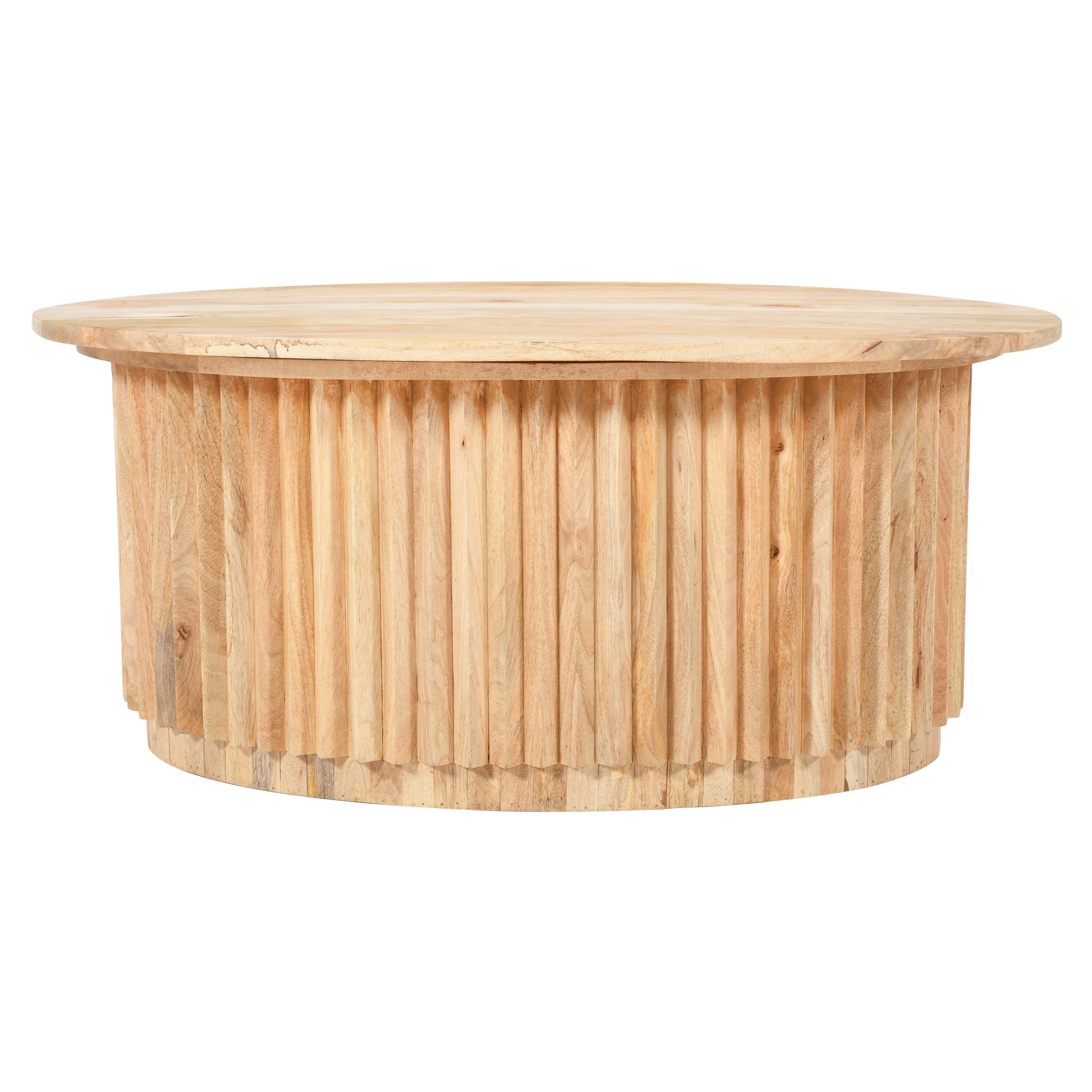 The Urban Port Muna Coffee Table, 36 Inch Oval, Handcrafted Mango Wood, Reeded Base with Hidden Storage, Natural Brown
