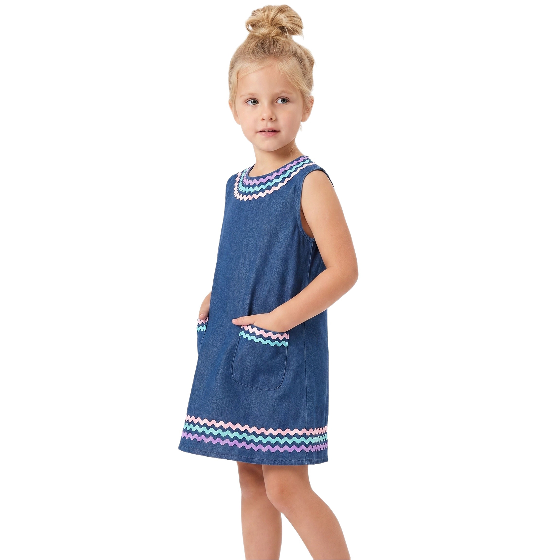 2Bunnies Girls 4T-8Y Pastel Ric Rac Denim Sleeveless Dress with Pockets