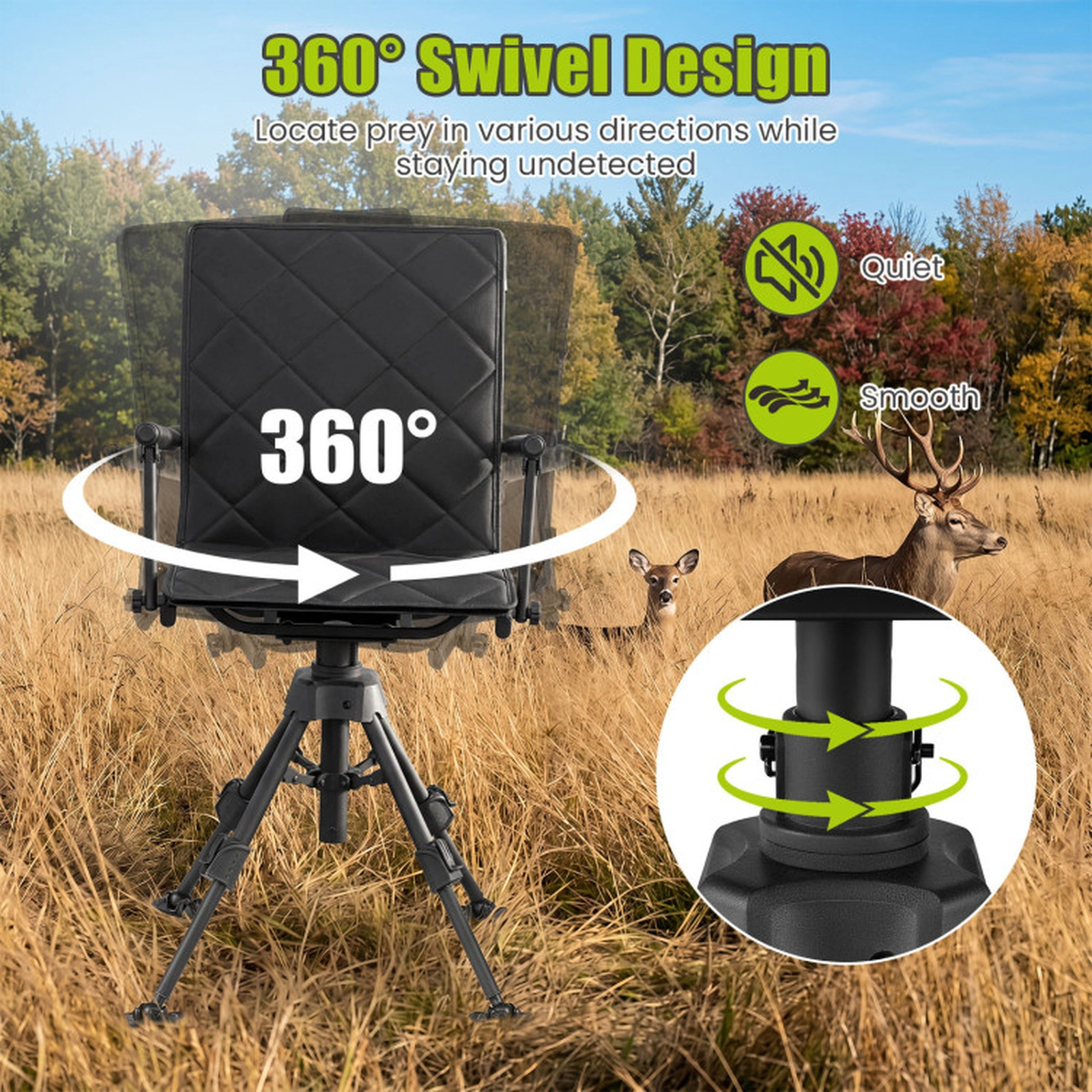 SUGIFT Black 5-Level Adjustable Silent Swivel Hunting Chair with Duck Feet 21.5-in W 330-lb Seat Capacity