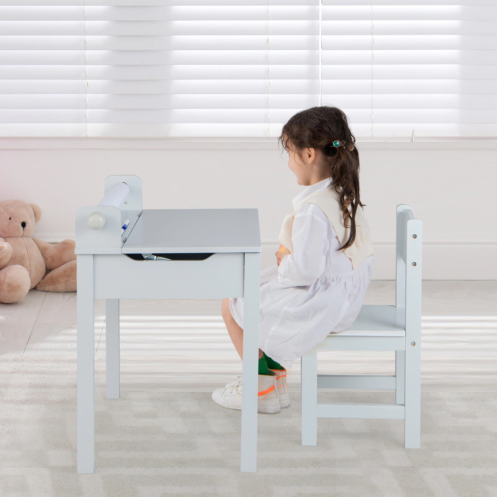SUGIFT Gray Paper Roll Holder and Flip-Top Storage Wooden Kids Table and Chair Set