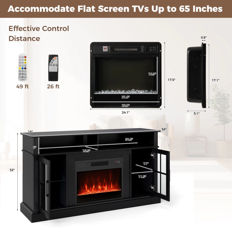 Hivvago 58 Inch Fireplace Tv Stand With Led Lights Storage Cabinets And Glass Doors