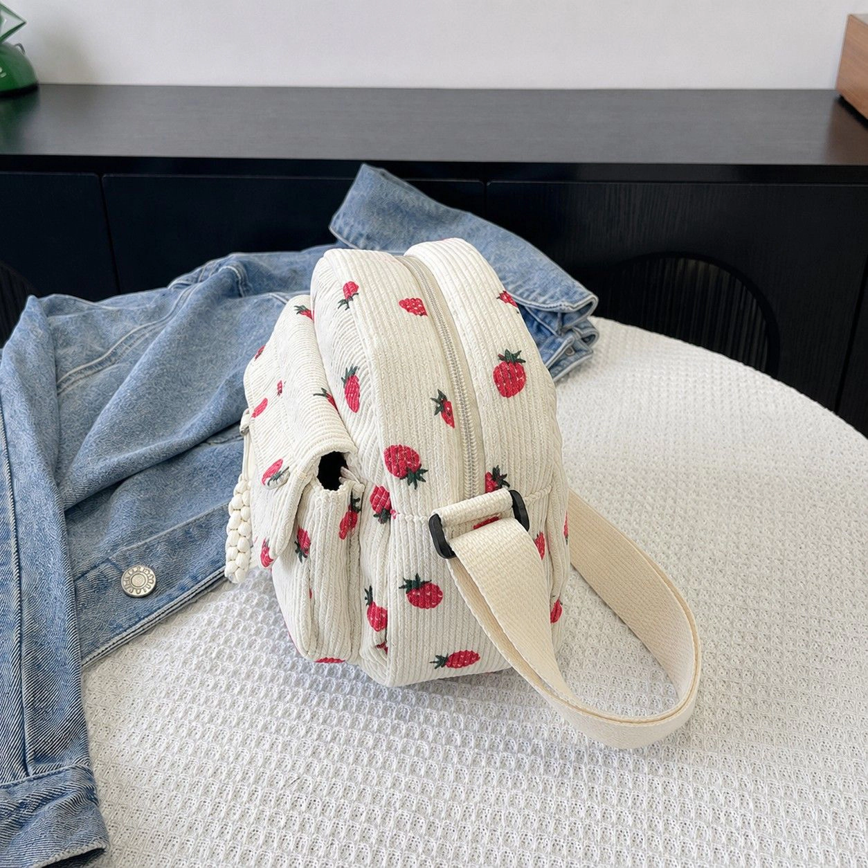 Alilang Women's Strawberry Print Corduroy Crossbody Bag with Front Pocket and Adjustable Strap, Ivory