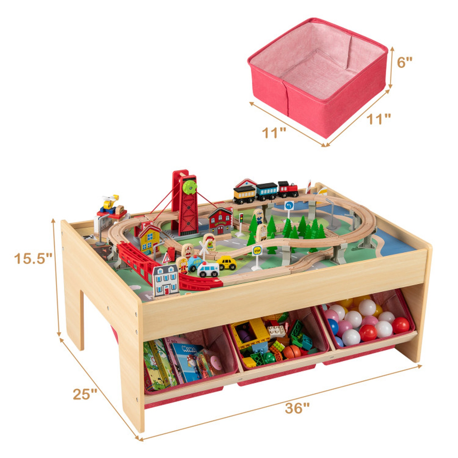 SUGIFT 94-Piece Wooden Train Table with Reversible Tabletops, Magnetic Trains and Fabric Drawers