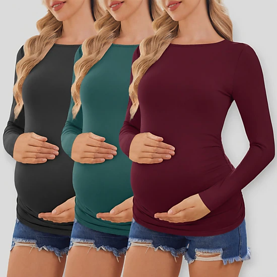 Ekouaer Women's Maternity Long Sleeve Boat Neck Ruched T-Shirt