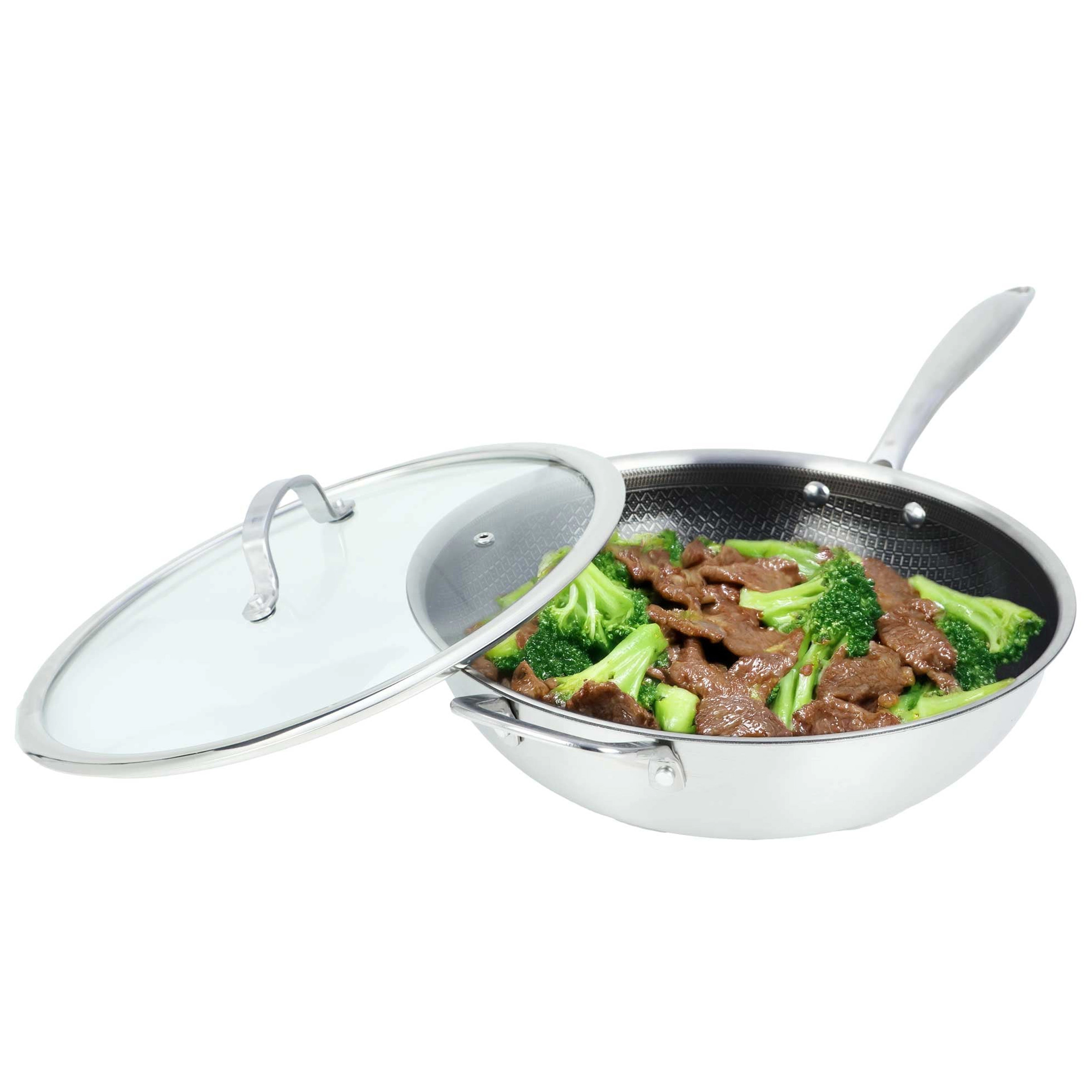 Brentwood 12-inch 4.2 Quarts Hybrid Non-Stick Stainless Steel Wok with Glass Lid