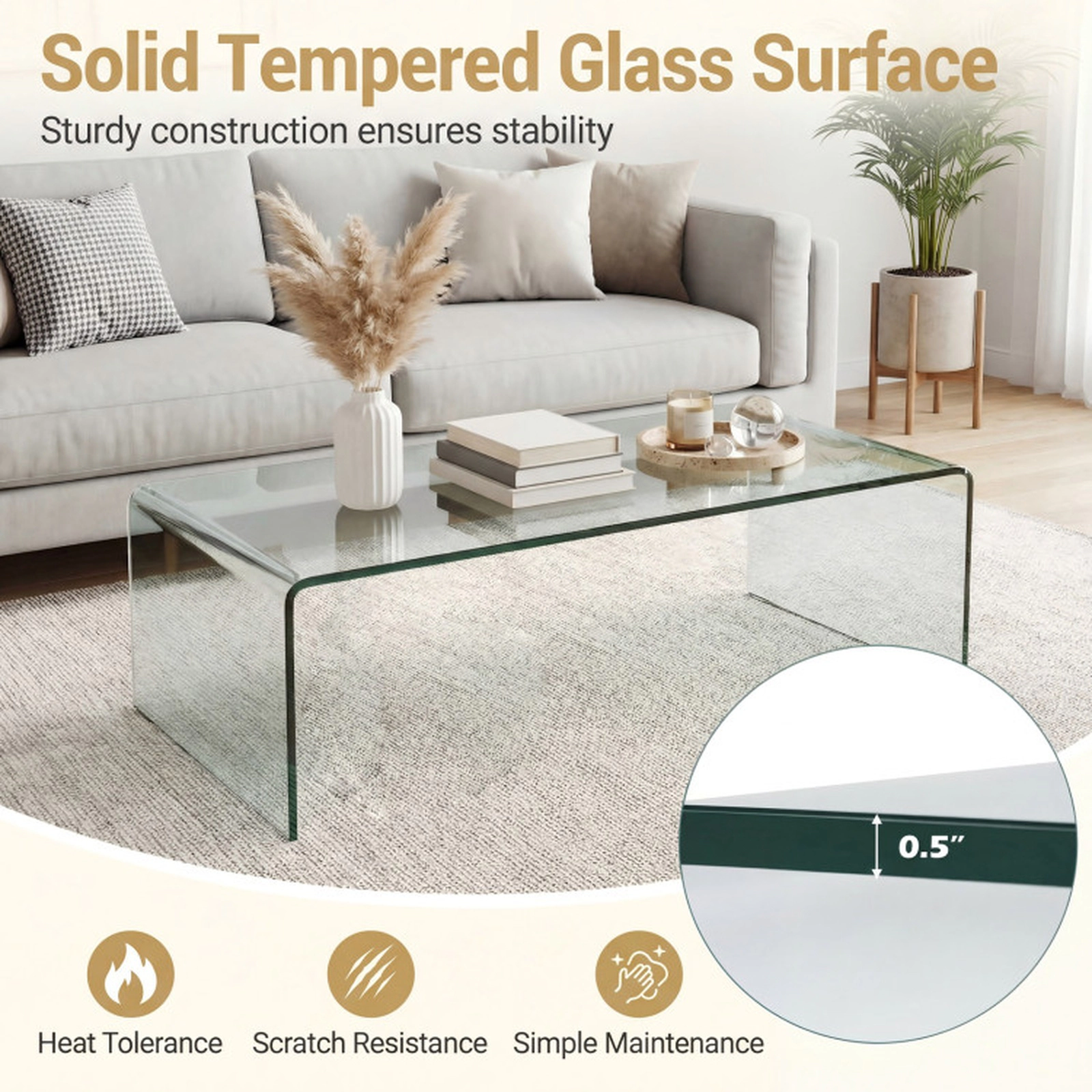 SUGIFT 40-in by 19.5-in 300-lb Capacity Clear Tempered Glass Coffee Table with Smooth Rounded Edges