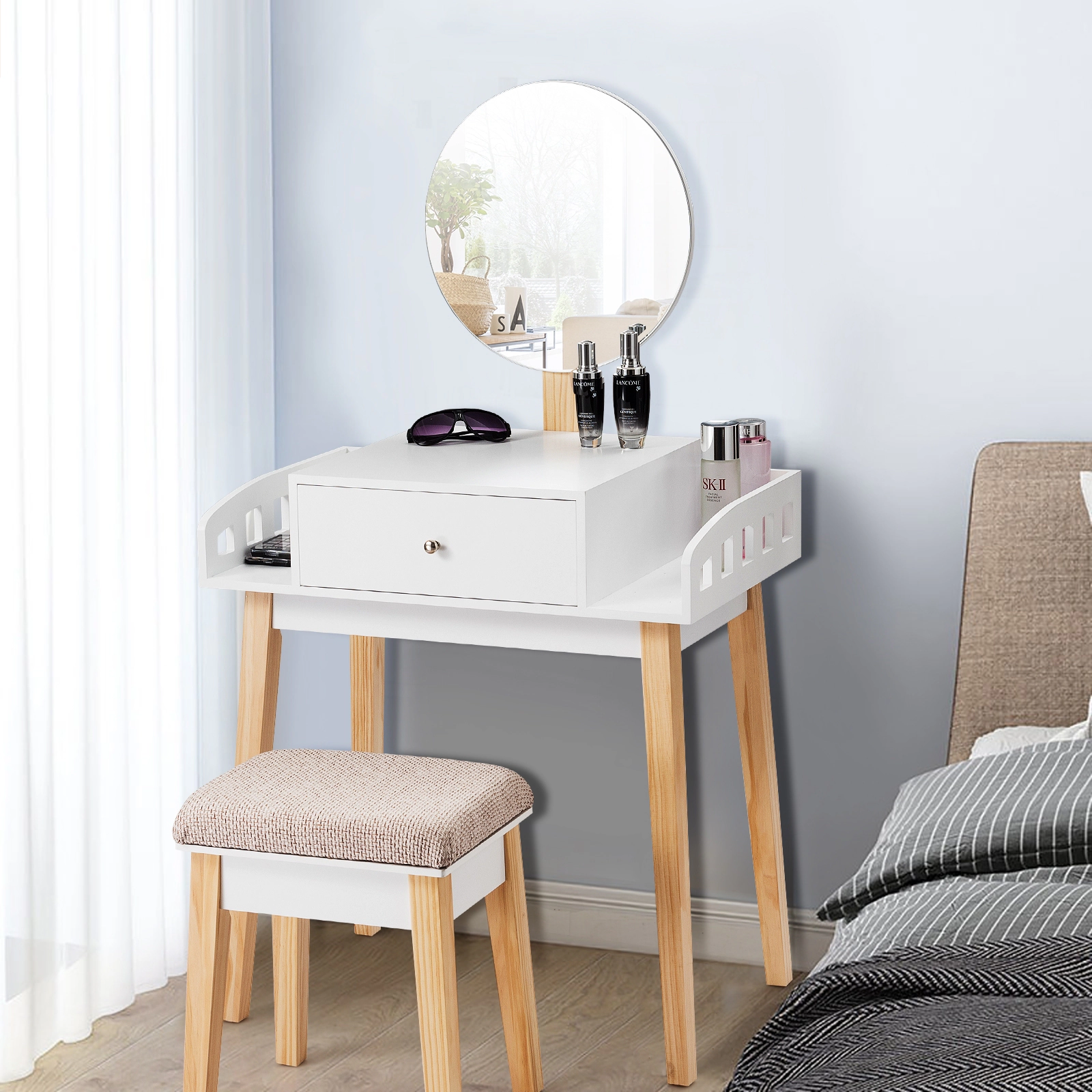 SUGIFT 2-Piece Makeup Vanity Set with 16-Inch Round Mirror and Cushioned Stool