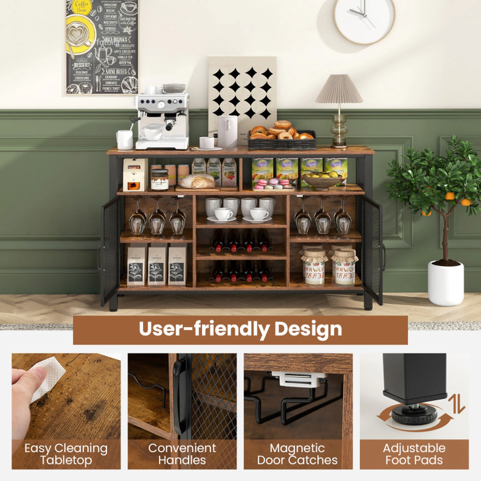 SUGIFT 55-In Buffet Sideboard with 8-Bottle Wine Racks and Wine Glass Holders 360-lb Tabletop Capacity Brown and Black