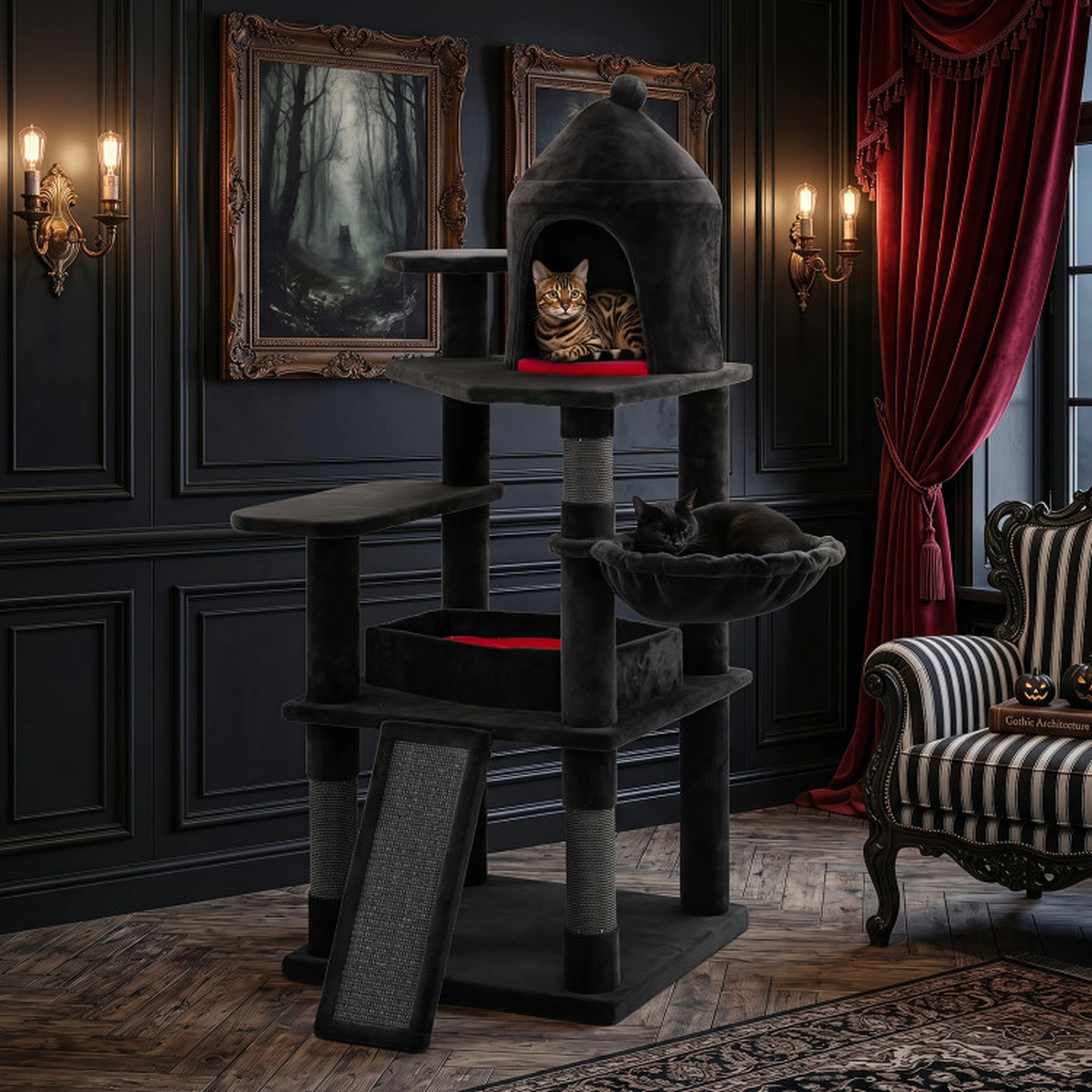 SUGIFT 50-in Gothic Cat Tree with Castle Condo Coffin Bed Rotating Basket Sisal Ramp and Anti-Tip Kit
