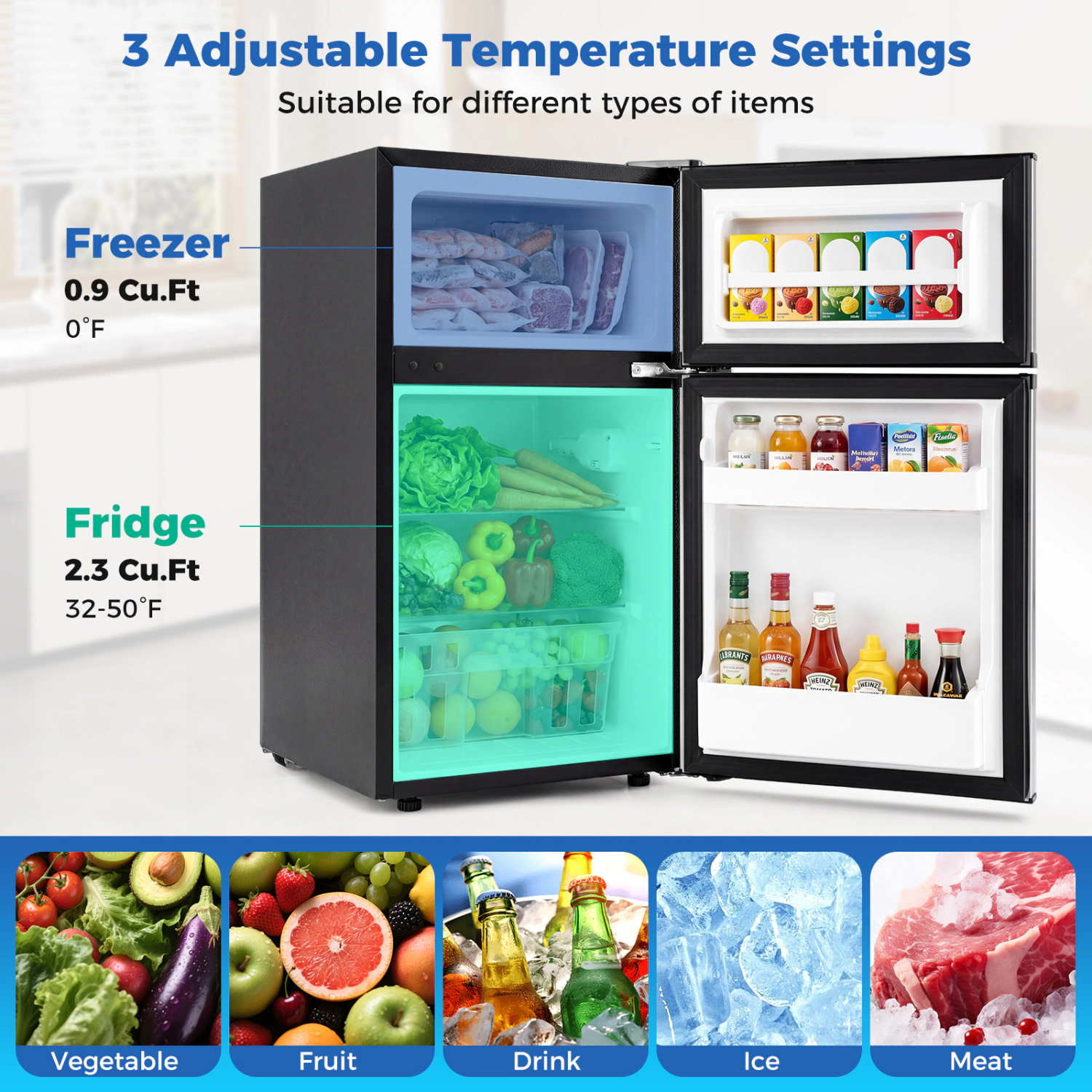 LJG 3.2 Cu.Ft Mini Fridge with Freezer Double Door Small Refrigerator with Adjustable Thermostat
