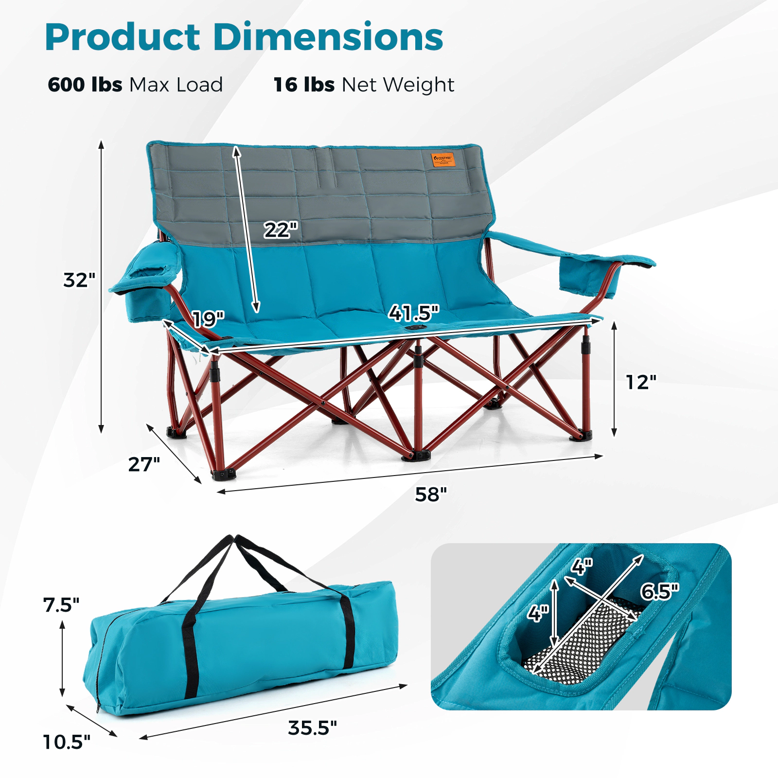 LJG Oversized Camping Chair Folding Loveseat Couch with Cup Holders & Thick Padding