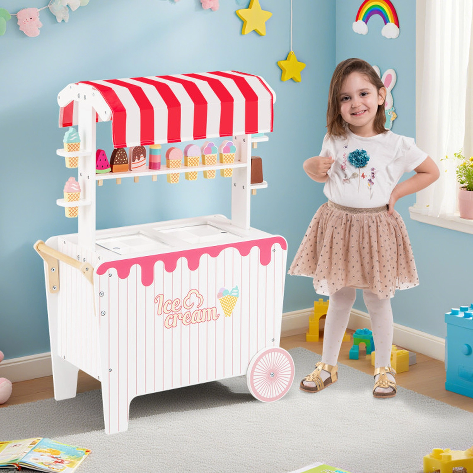 SUGIFT Kids Ice Cream Cart Playset with Display Rack and 12-Piece Accessories 34-in Tall Ages 3+ Blue Pink/Red
