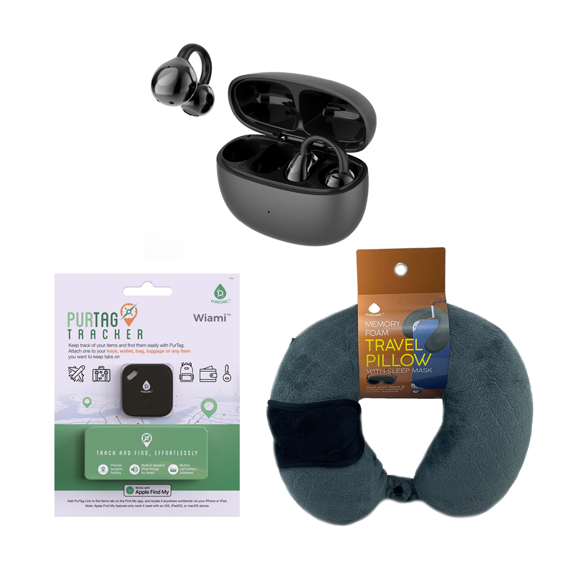 Pursonic Unisex Travel Essentials Bundle – Wireless Earbuds, Purtag Tracker & Memory Foam Travel Pillow Set