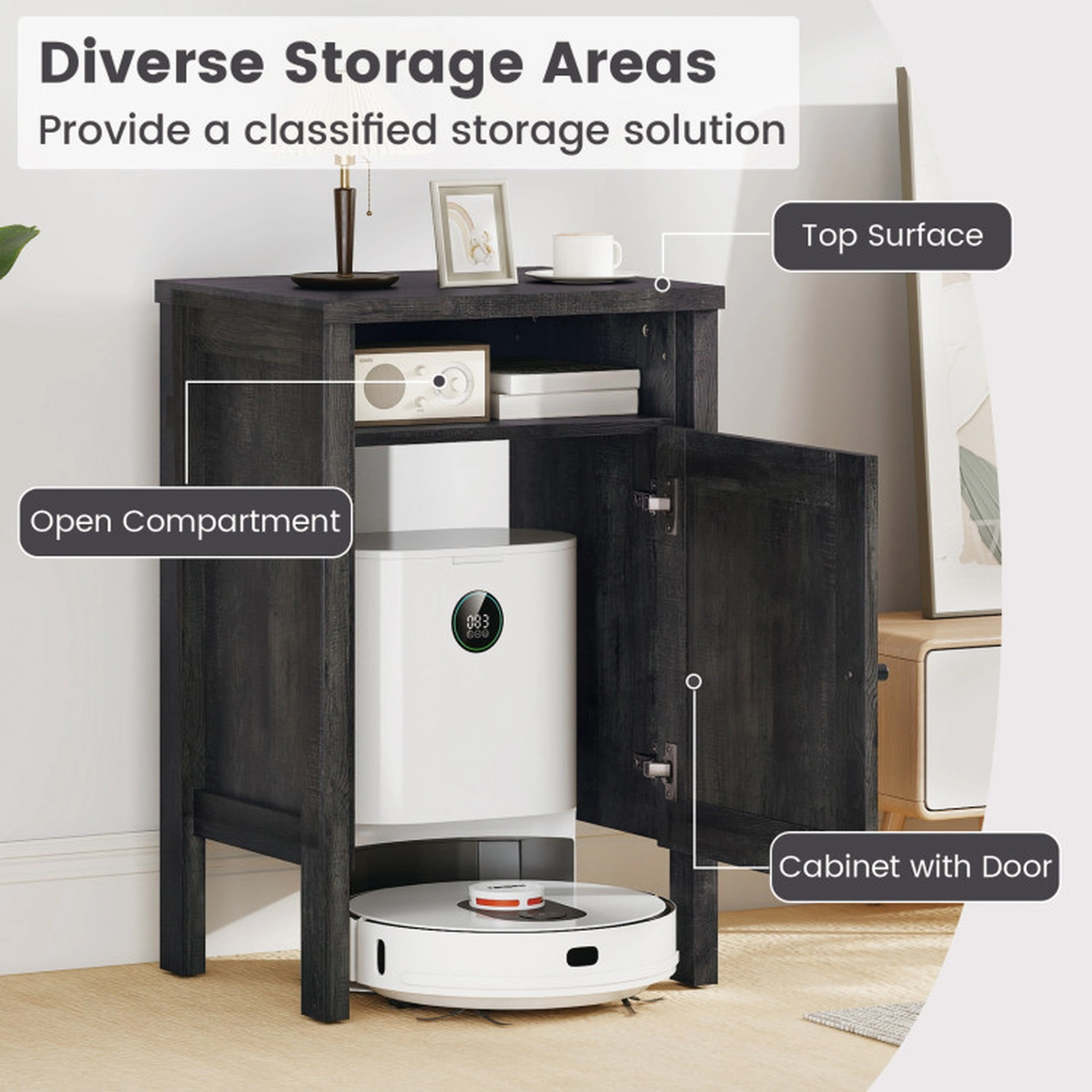 SUGIFT Gray Door and Open Shelf for Living Room Robot Vacuum Storage Cabinet