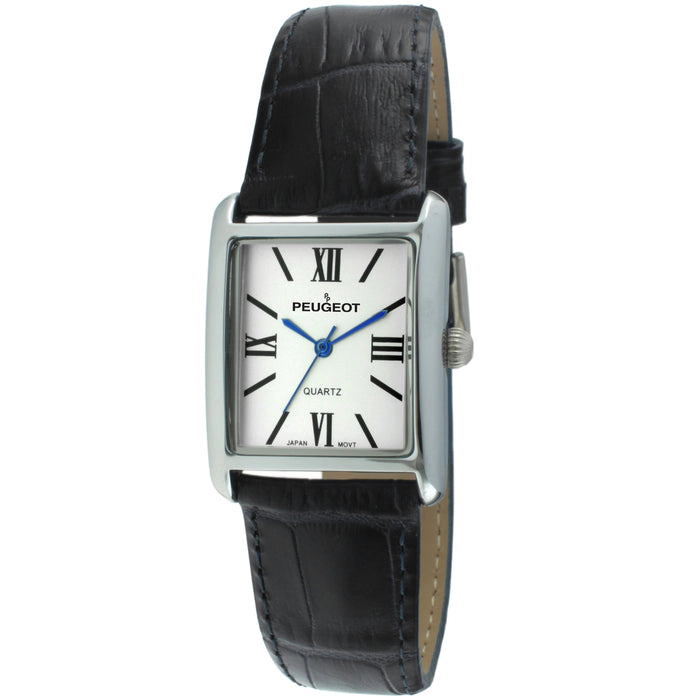 Peugeot Women's Tank Watch Roman Dial Silver Case with Black Leather Strap
