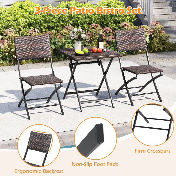 Hivvago 3 Piece Rattan Bistro Set Outdoor Folding Dining Table And Chairs With Wicker Seat