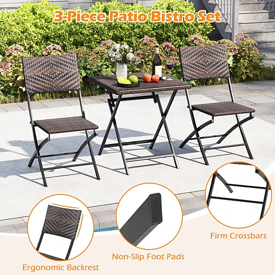 Hivvago 3 Piece Rattan Bistro Set Outdoor Folding Dining Table And Chairs With Wicker Seat
