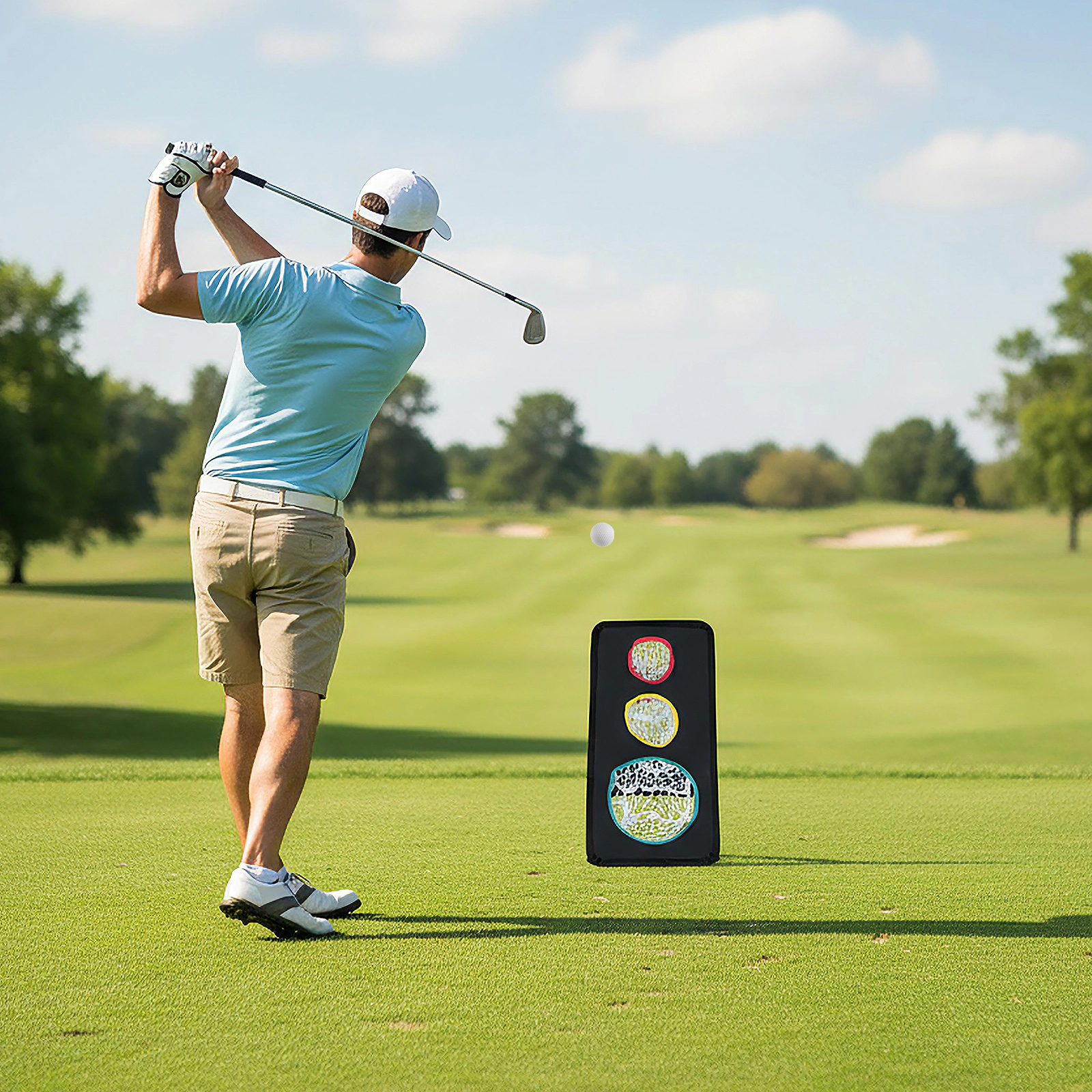 Dual-Sided Golf Chipping Net 5 Target Holes Reinforced Triangular Frame Tool-Free Buckles 24-in Foldable Black