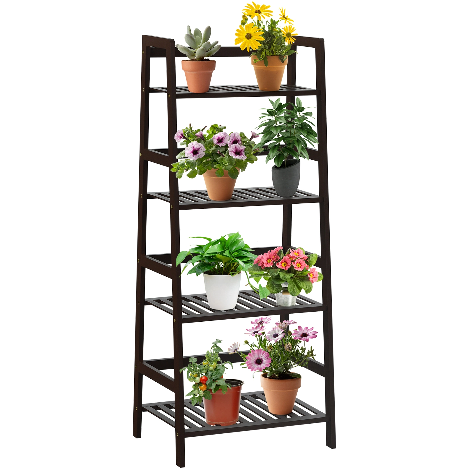 SUGIFT 4-Tier Bamboo Plant Rack with Guardrails Bamboo Shelf 22-lb Capacity Per Tier 19-in Wide 45-in Tall Brown
