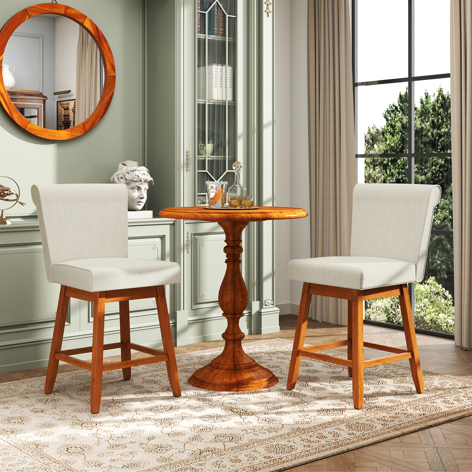 SUGIFT Set of 2 Beige 27-Inch Counter-Height Swivel Bar Stools, Linen Upholstery, 5-Inch Cushion