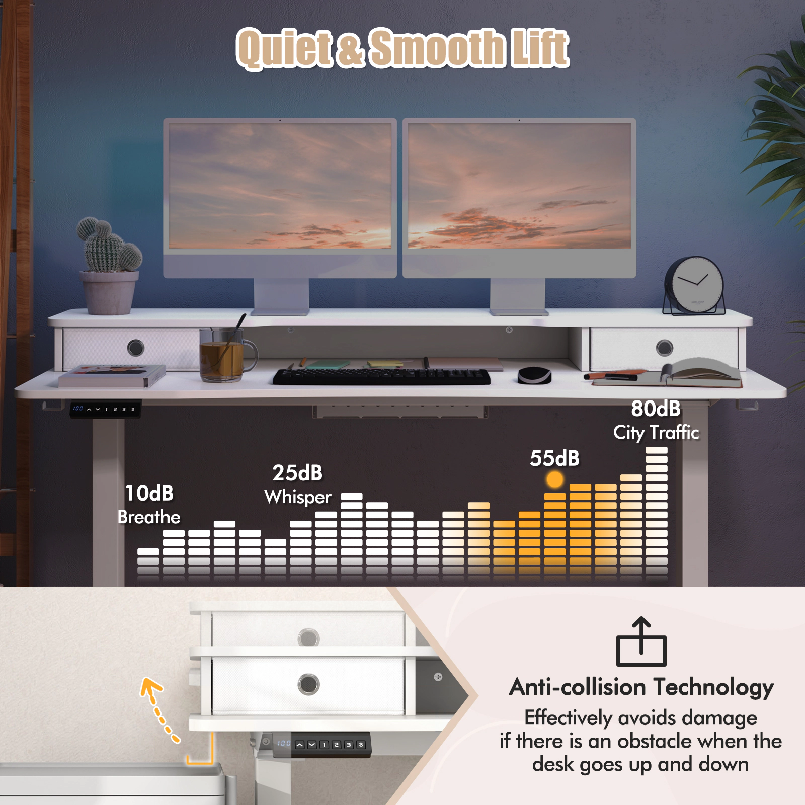 SUGIFT 55-in x 24-in White Electric Standing Desk with Shelf, Storage, Hooks and Cable Organizer