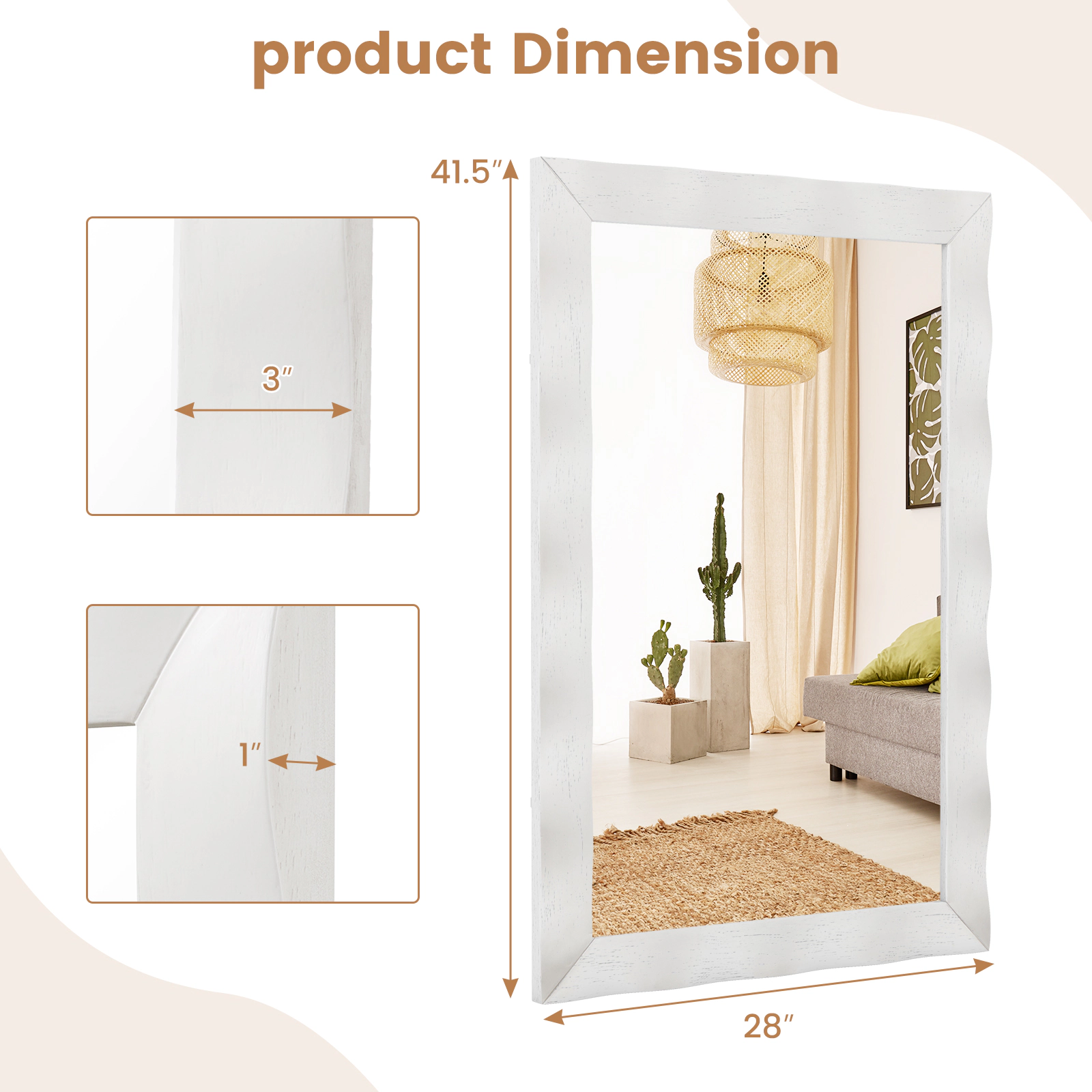 SUGIFT White 41.5-in x 28-in Large Rectangle Farmhouse Wall Mirror with Solid Rubberwood Frame for Entryway