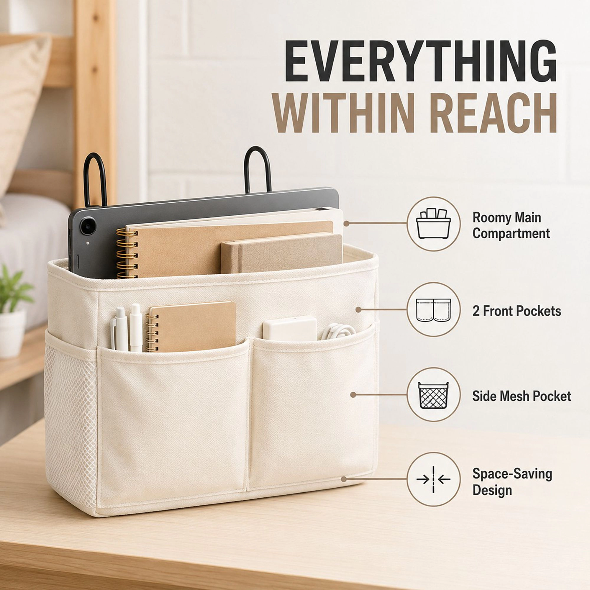 Alilang Women Hanging Bedside Storage Caddy with Hooks and Multiple Pockets Bed Rail Organizer