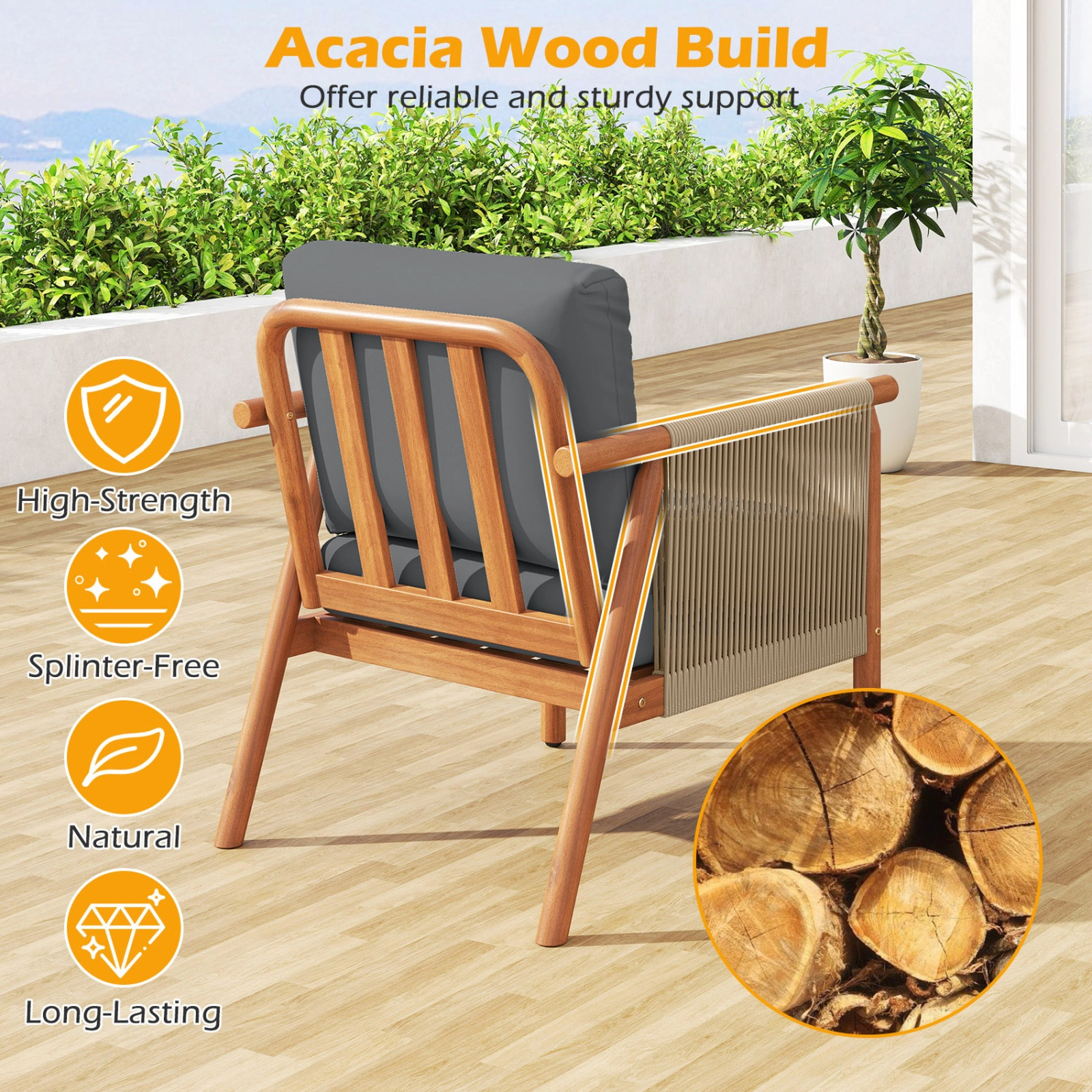 SUGIFT Set of 2 Boho Acacia Wood Outdoor Patio Club Chairs with Woven Rope Armrests