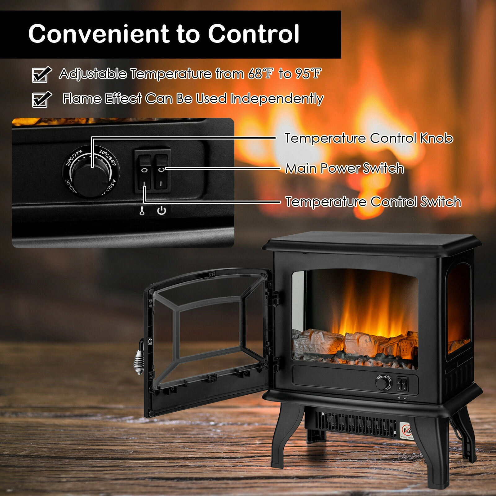 SUGIFT 1400W Freestanding Electric Fireplace Stove, 4777 BTU, 3-Sided View, Openable Door
