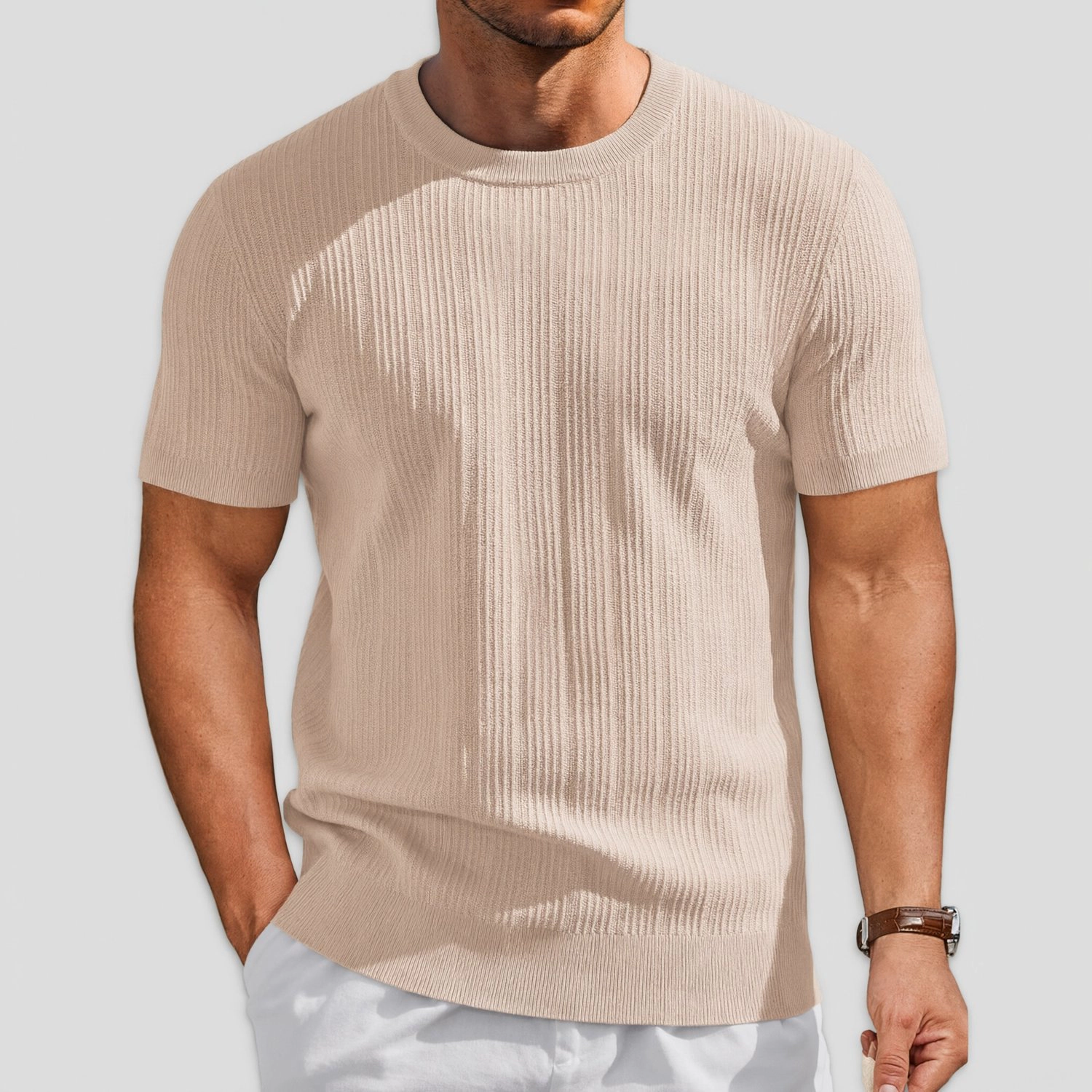 COOFANDY Mens  Short Sleeve Knit Top Crew Neck Ribbed Casual Slim Fit T-Shirt