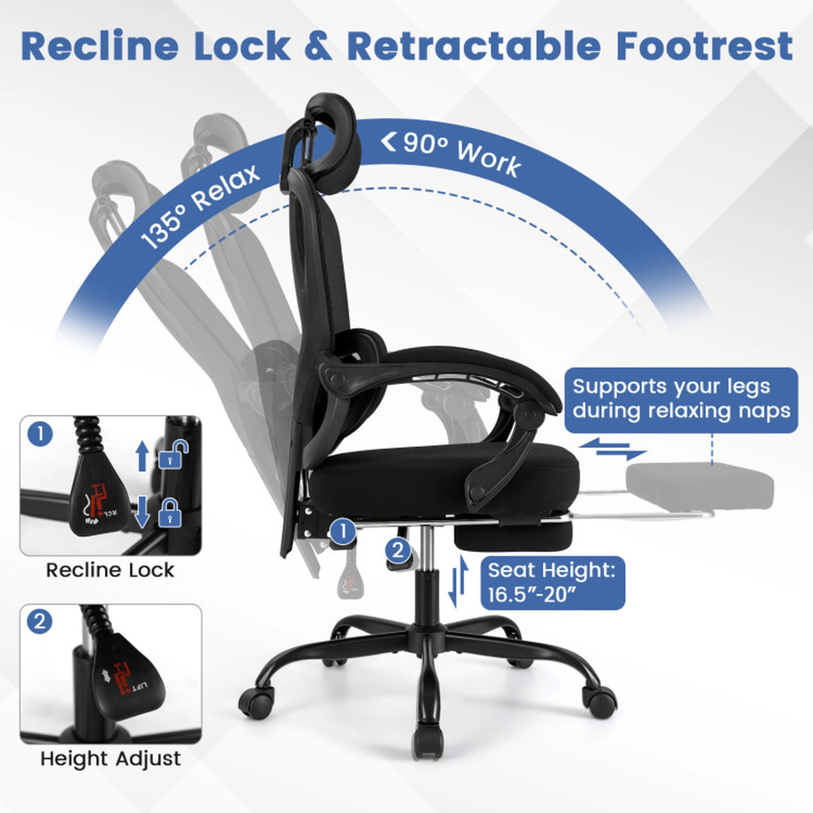 SUGIFT High Back Retractable Footrest Adjustable Lumbar Mesh Office Chair 27.5-in x 27.5-in x 44.5-in 350-lb Black