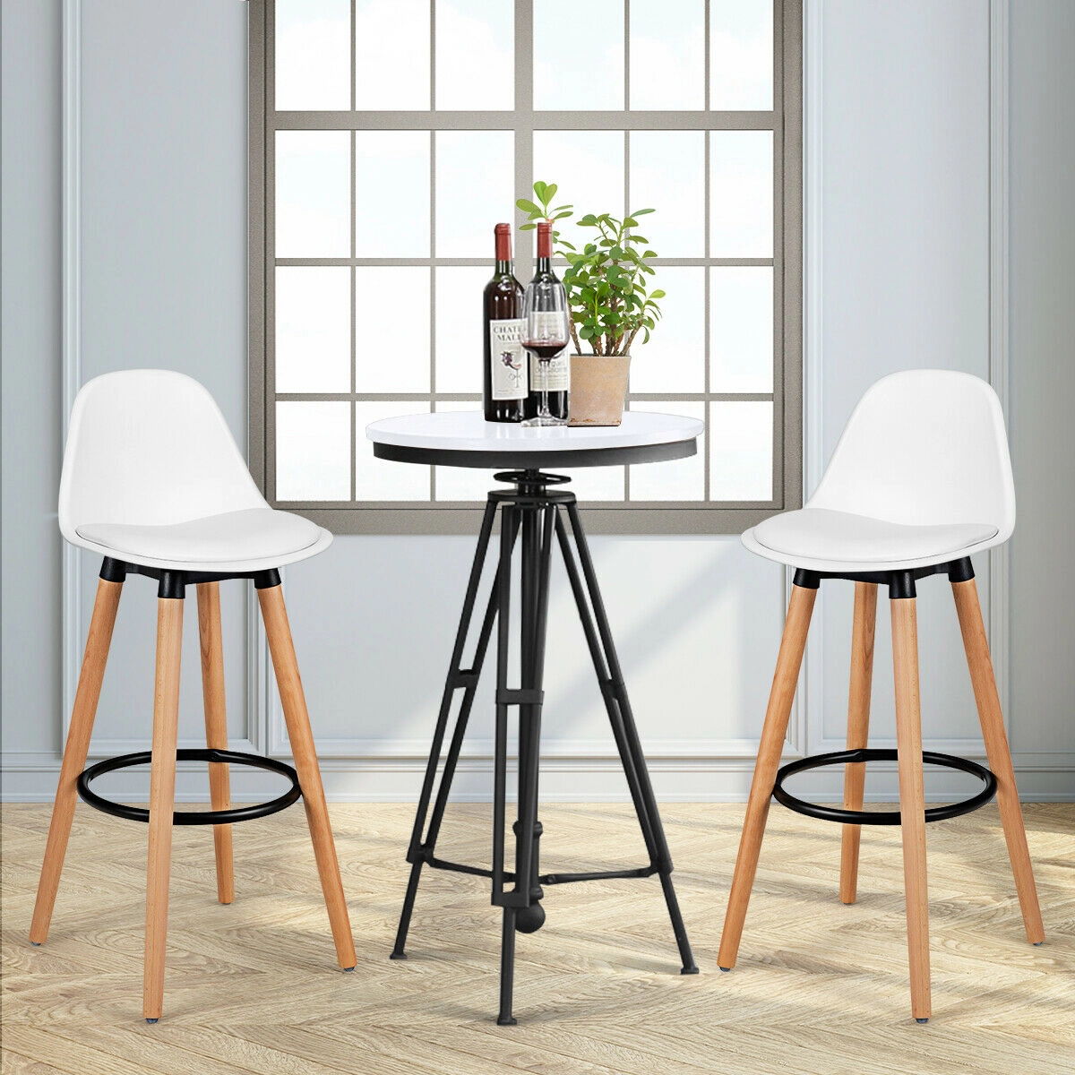 Glintex 2-Piece Mid-Century Bar Stool Set with Beech Wood Legs and PU Seat, White