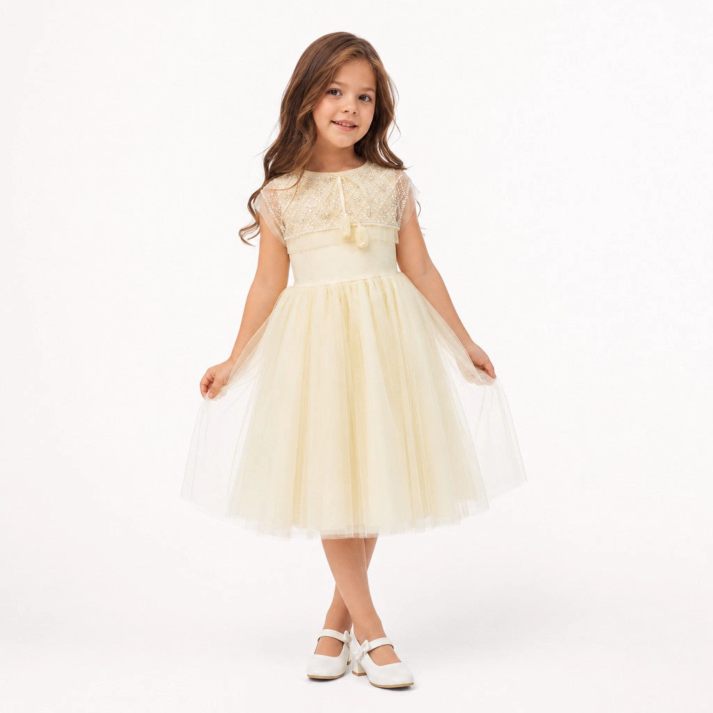 Faeella Buttercream Belle Pearl Capelet Flower Girl Dress