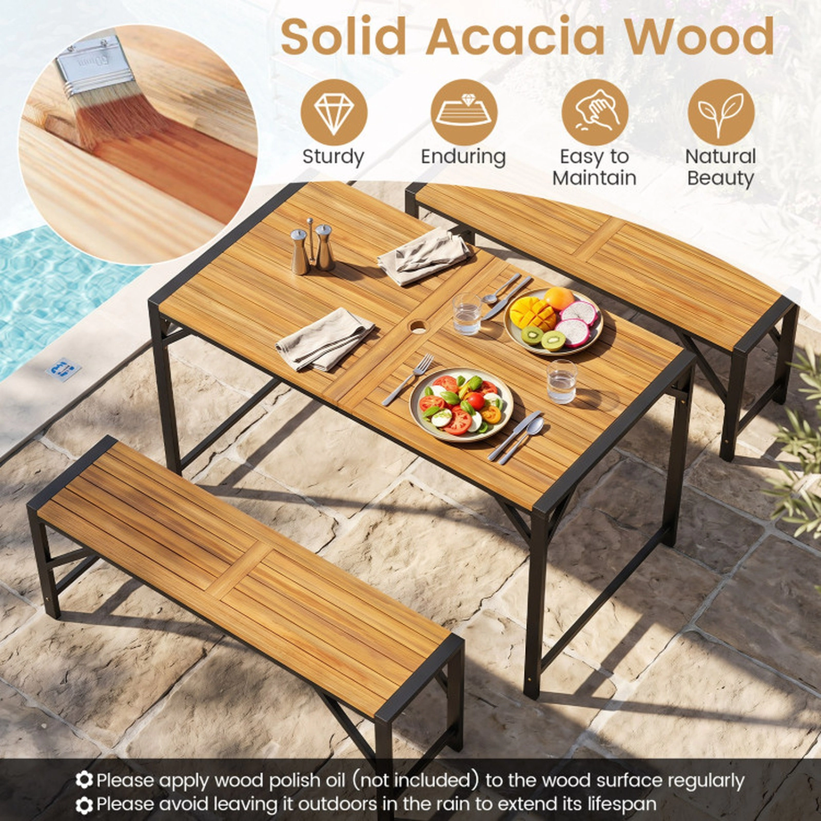 SUGIFT Set of 2 Acacia Wood Outdoor Benches 47.5-in Slatted Seat 800-lb Capacity Natural & Black