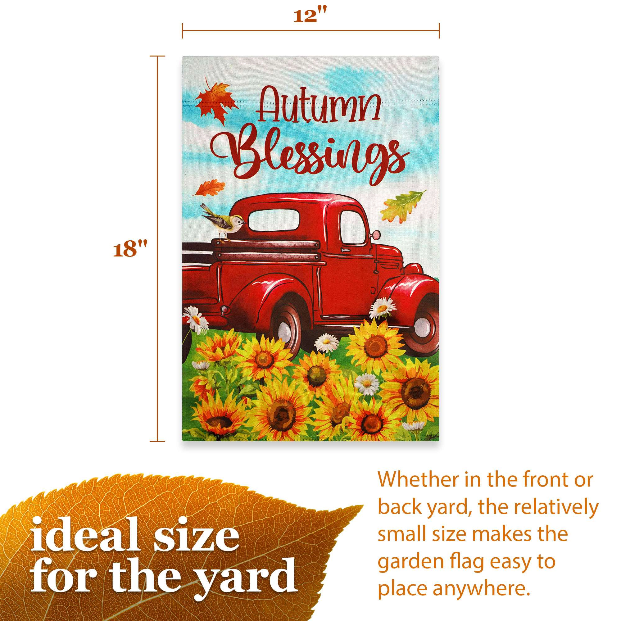 G128 Autumn Blessings Red Truck Sunflower Garden Flag 12x18, Double-Sided Fall Yard Decoration