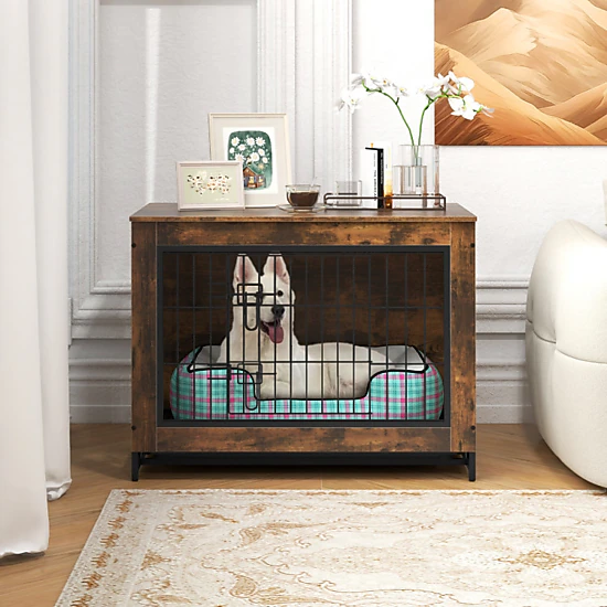 SUGIFT Rustic Brown 190-lb Capacity Dog Crate Furniture with 2