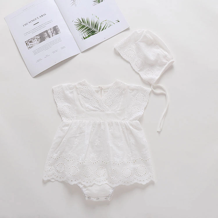 MyKids-USA Baby Girls Solid Color Hollow Design V Collar Sleeveless bodysuit Dress In Summer With Hat