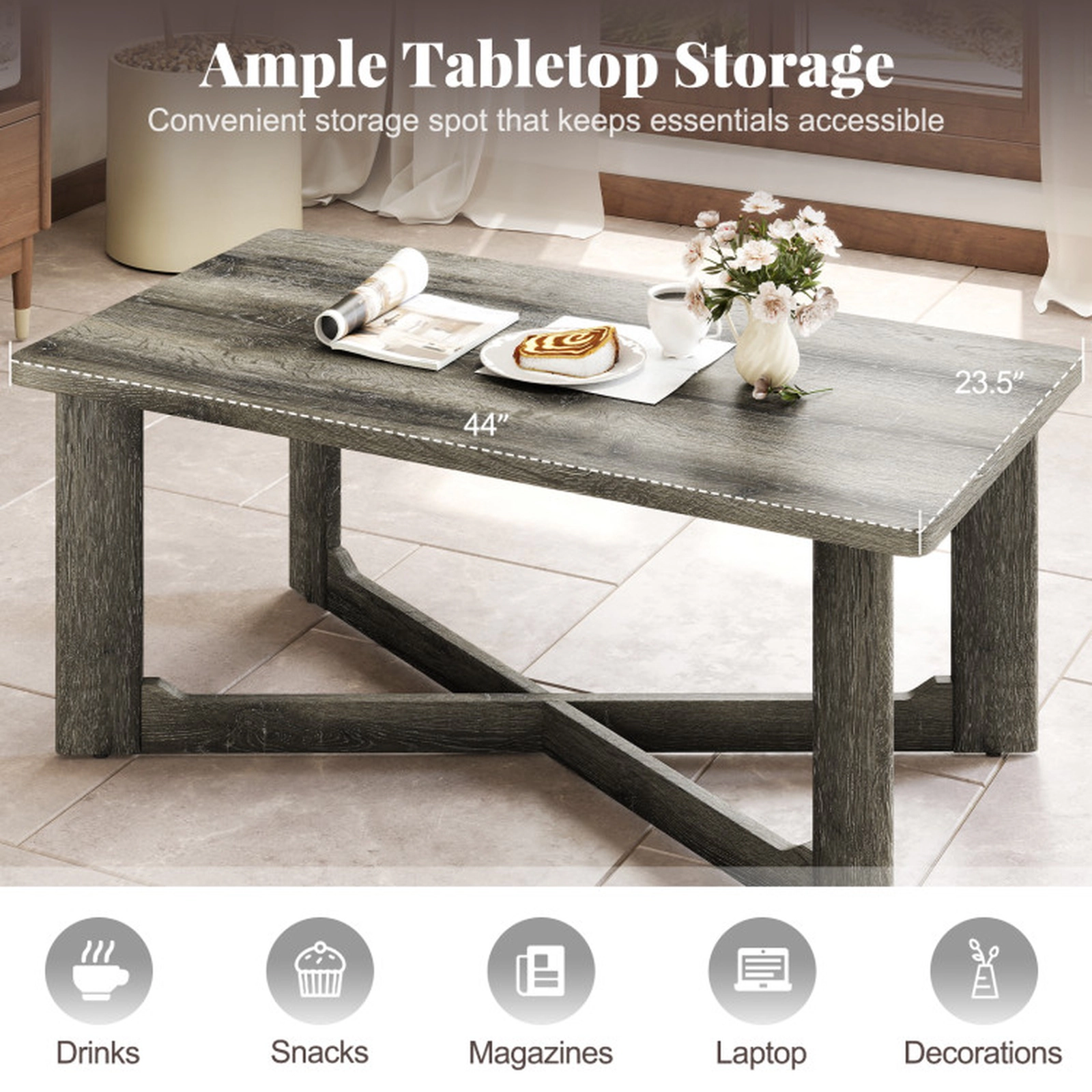SUGIFT 4-in Thick Legs X-Shaped Solid Rubber Wood Base Coffee Table 44-in x 23.5-in x 18.5-in 250-lb Capacity Gray
