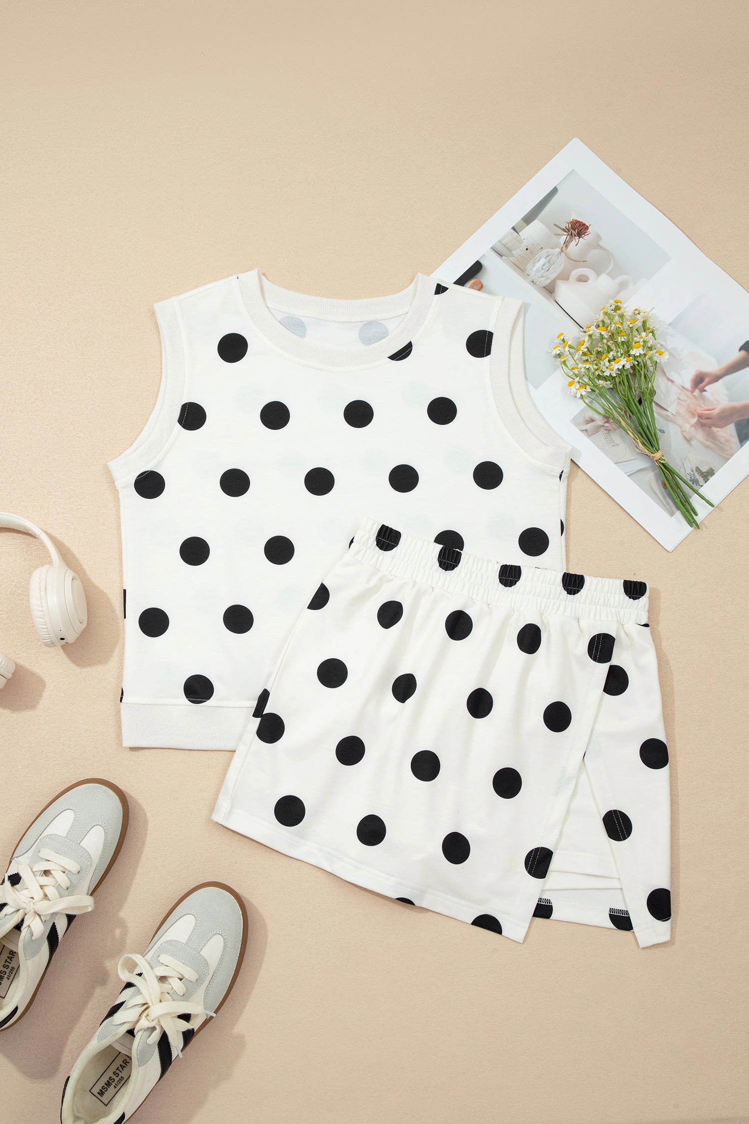 Threaded Pear Womens Gianna Polka Dot 2-Piece Tank and Split Skort Set