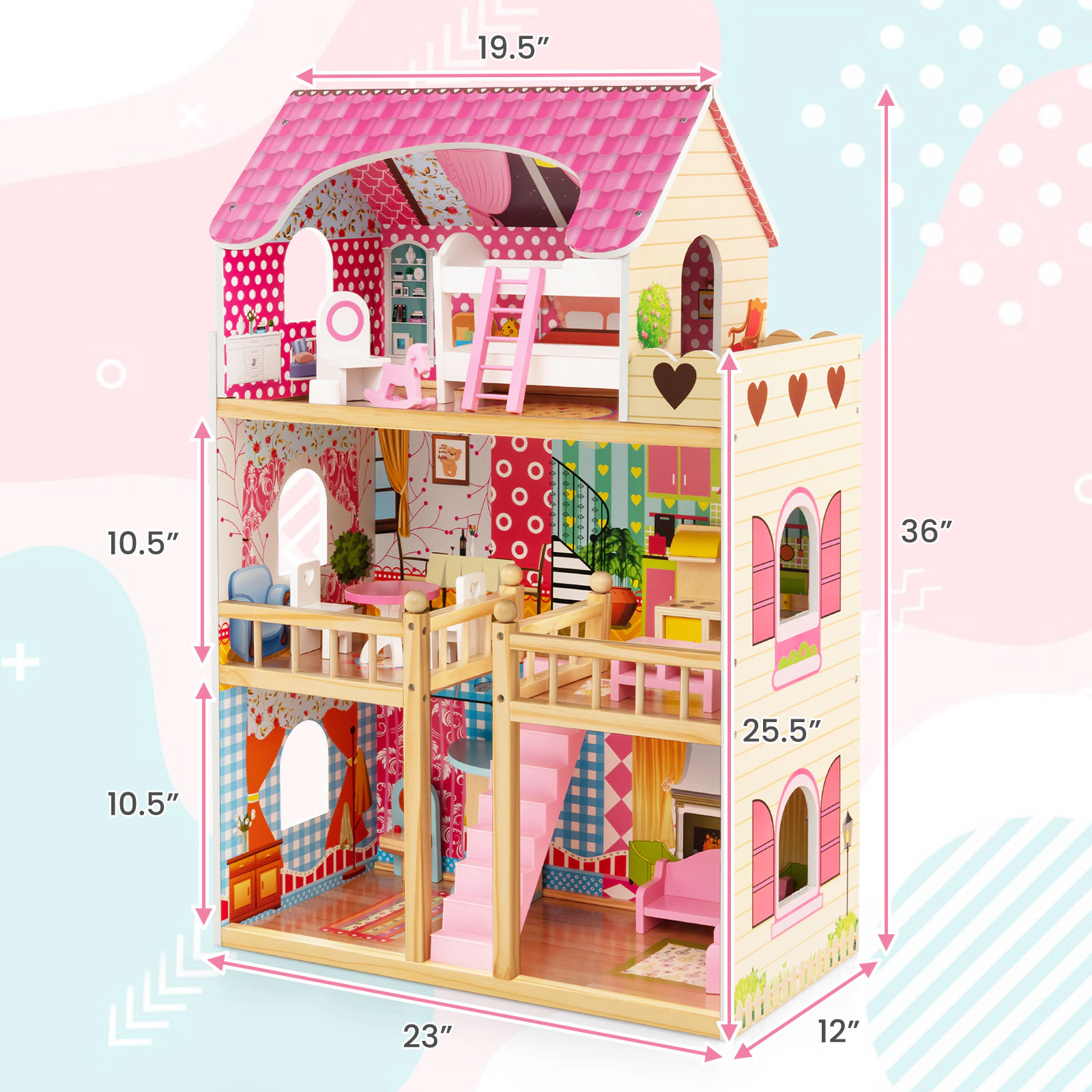 Doll House Playset 3-Story with 6 Rooms and 15-pc Furniture Semi-Open Design 23-in x 12-in x 36-in Pink