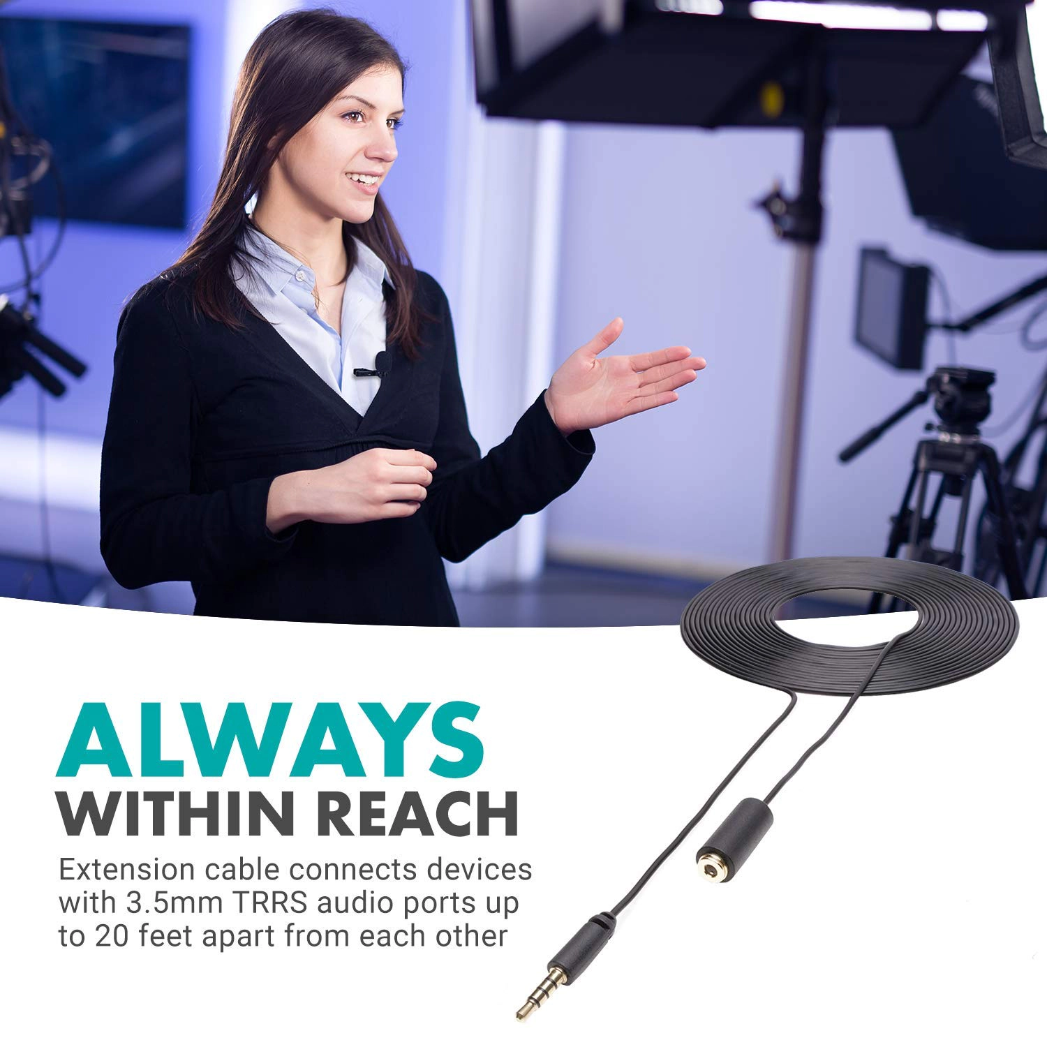 Movo PM10EC6 20-foot (6m) TRRS Female 3.5mm to TRRS Male 3.5mm Microphone Extension Cable for Smartphones