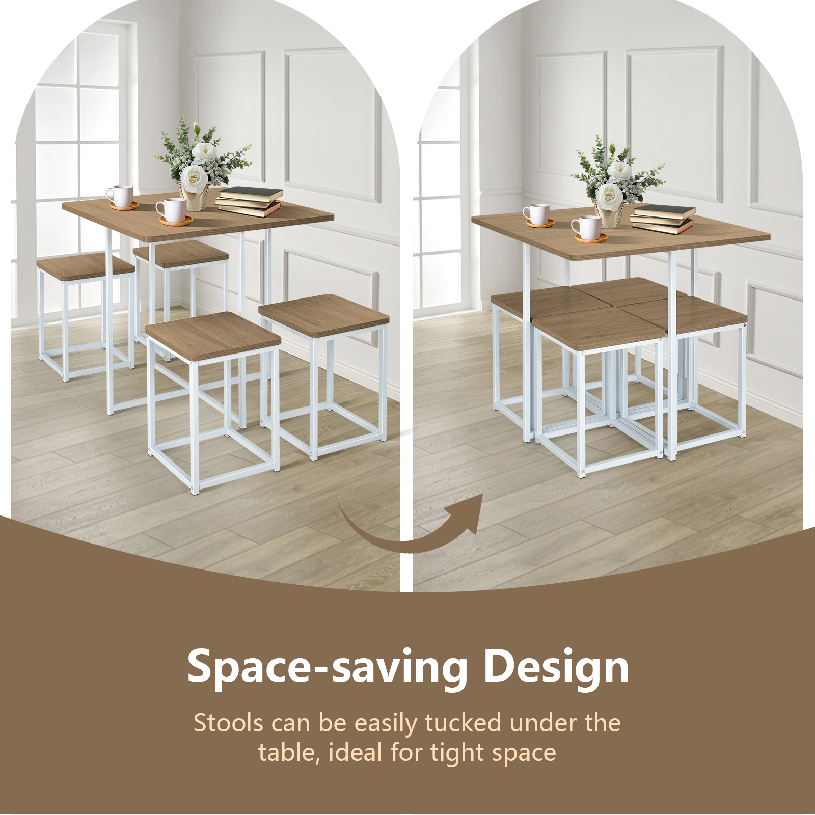 LJG 5 Pieces Metal Frame Dining Set with Compact Table and 4 Stools