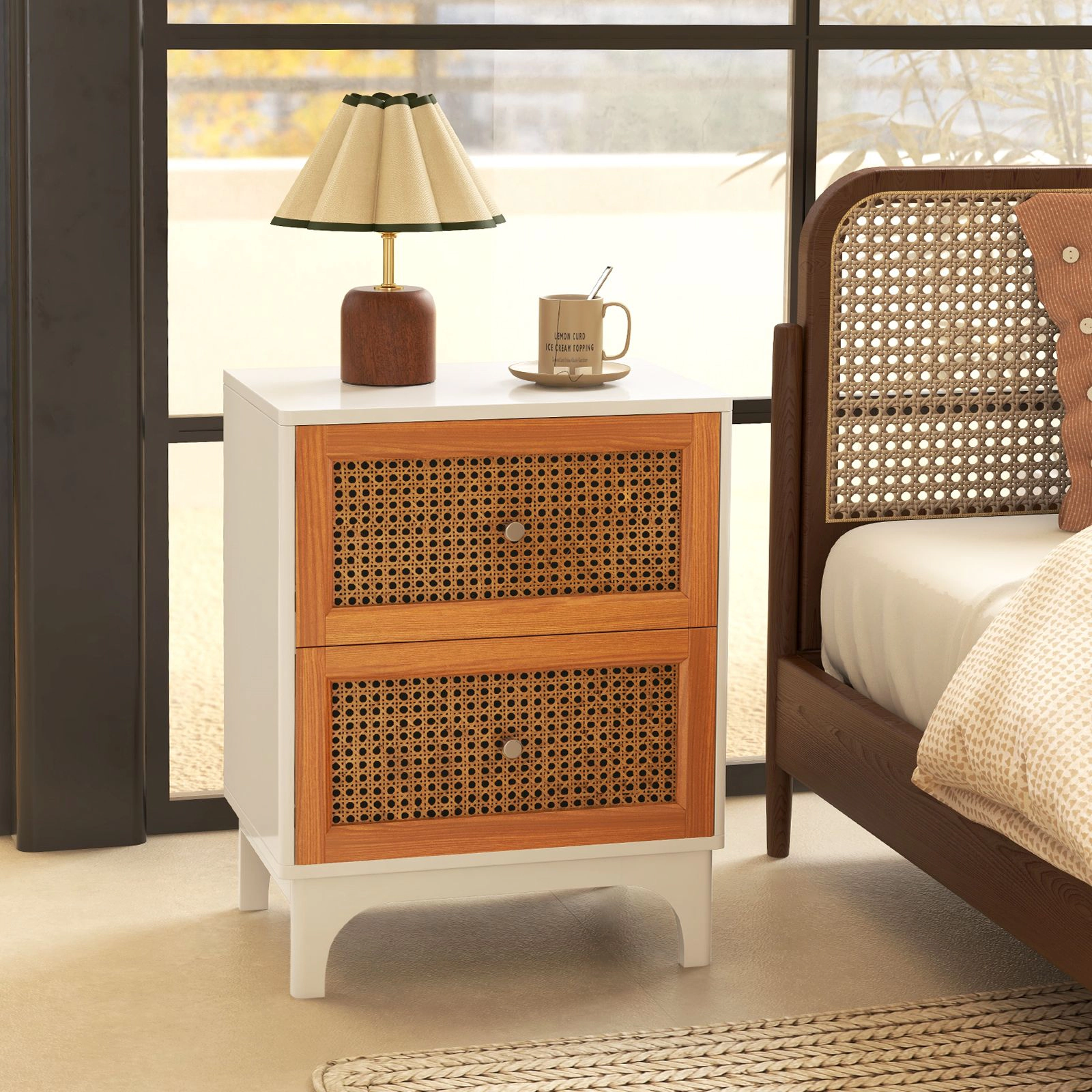 SlickBlue 2-Drawer Boho Rattan Nightstand Bedside Table