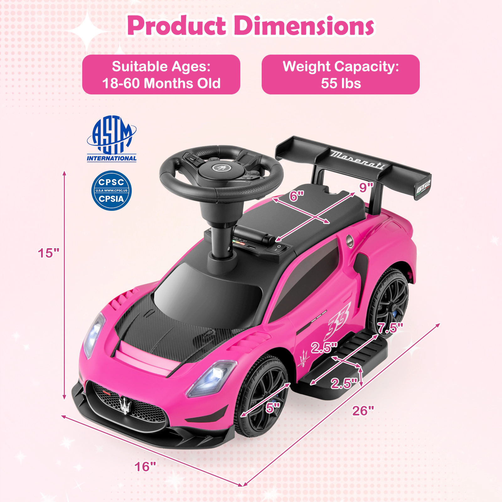 SUGIFT 6V Electric Kids Ride-On Push Car Maserati Licensed with Foot Pedal and Music 55-lb Capacity Ages 18-60 Months